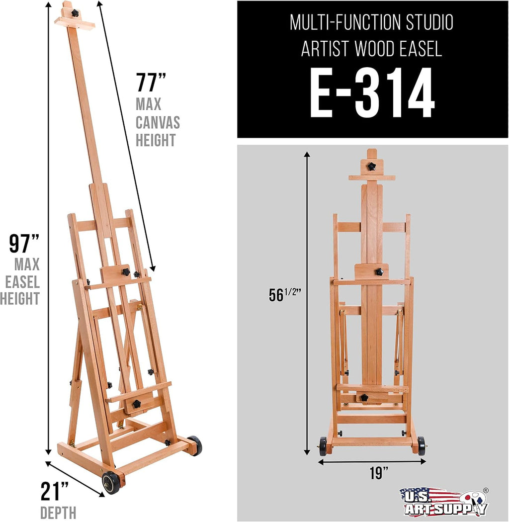 U.S. Art Supply Master Multi-Function Studio Artist Wooden Floor Easel - Large Heavy Duty Adjustable H-Frame, Tilts Flat, Mast Adjusts to 97' High - Beechwood Painting Canvas Holder Stand with Wheels