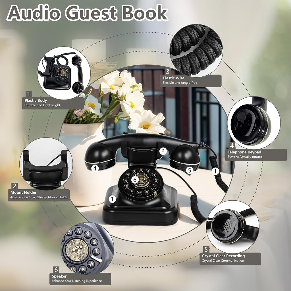Audio Guest Book Wedding Phone: Record Customized Audio Messages with Voicemail, Vintage Phone Message Book, Wedding Guest Book for Wedding, Party, Confession (Black)