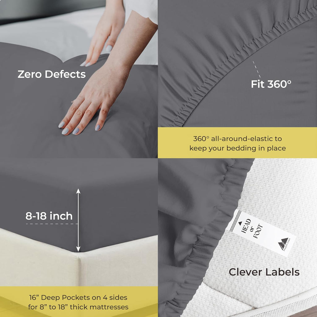 Mayfair Linen 100% Egyptian Cotton Sheets California King Size - Luxury 1000 Series Grandiose Collection Cal King Sheets (4 PC, Dark Grey), 16' Deep Pocket Sateen Soft, Cooling Hotel Bed Sheet Set