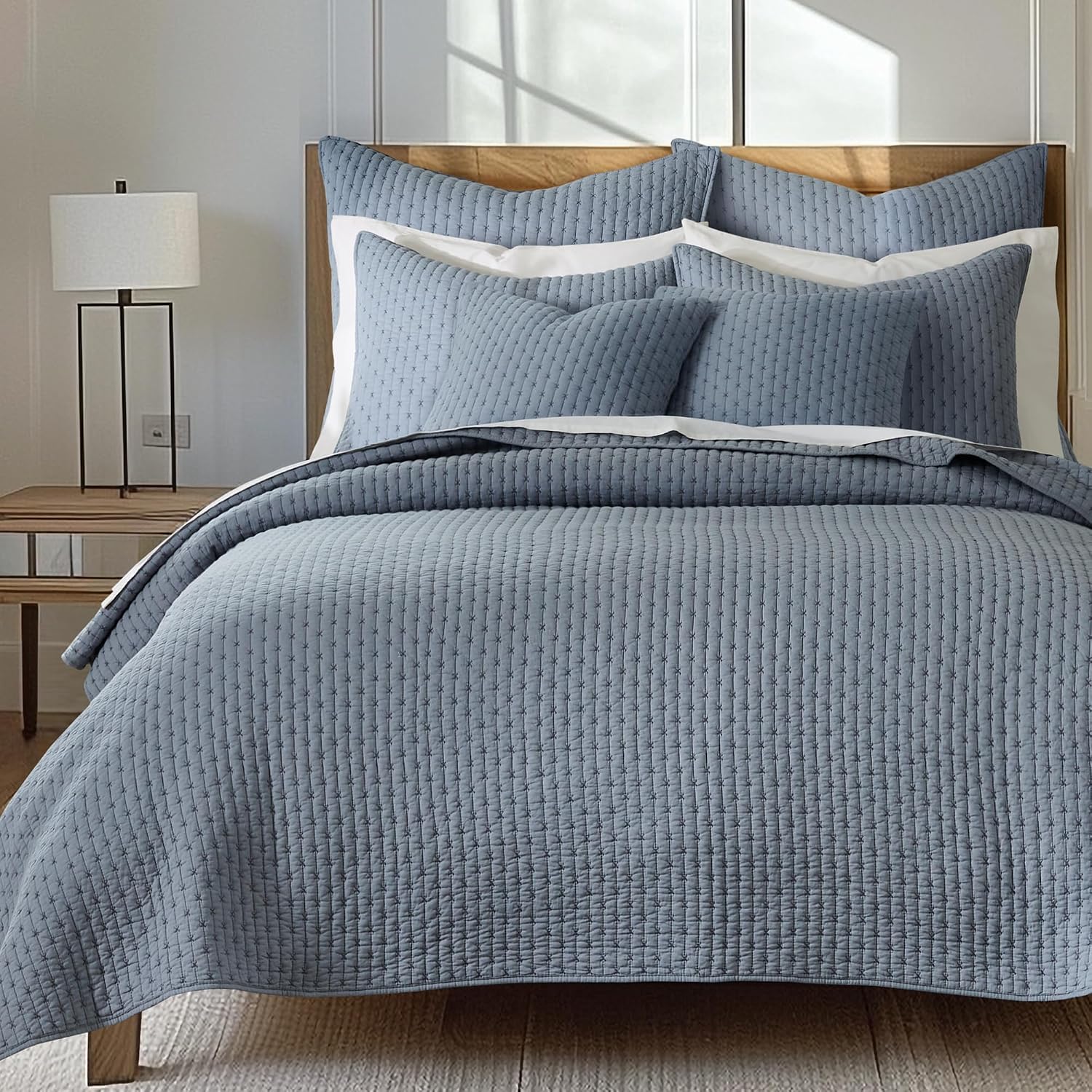 Levtex Home - Cross Stitch Chambray Quilt Set - Full/Queen Quilt + Two Standard Pillow Shams - Cross Stitched Pattern - Quilt Size (88x92in) and Pillow Sham Size (26x20in) - Reversible - Cotton Fabric