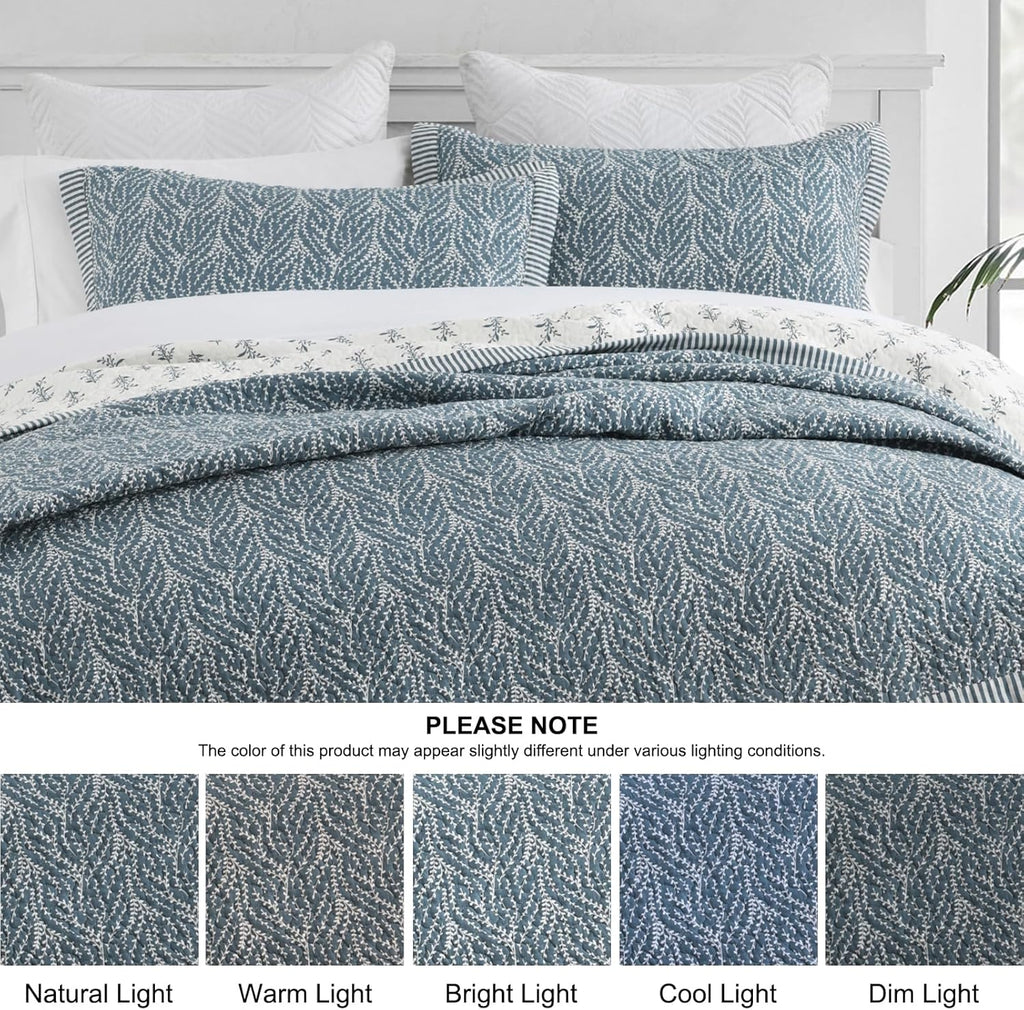 SahSahCasa Quilt Set King Size, 100% Cotton Quilt Bedding Set Bedspread, Botanical Pattern Solid Color Chic Lightweight Quilted Comforter for King Bed, White/Grayish-Blue, All Season, 3 Pieces