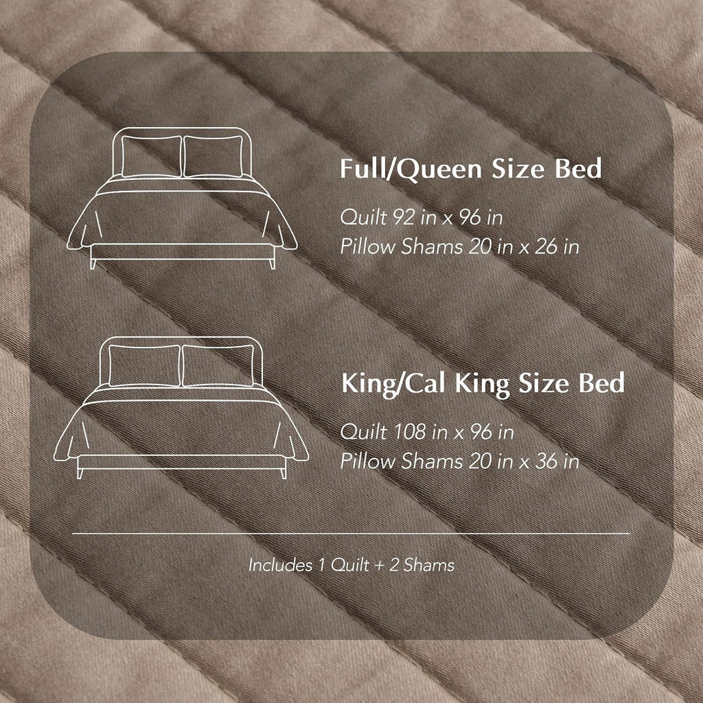 EVERGRACEHOME Cotton Sateen Quilt Set King Size, Pre-Washed Cotton Channel Stitch Coverlet Bedspread, 3 Pieces Lightweight Soft Bedding Sets for All Season, with 2 Pillow Shams, Stone Taupe