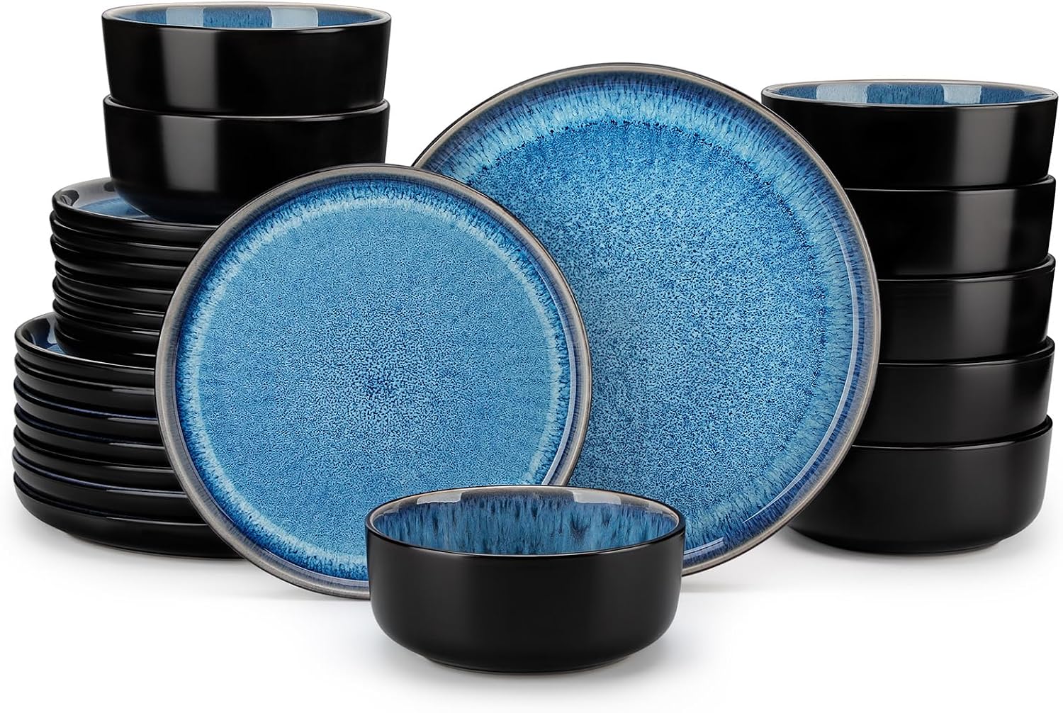 vancasso PLAYA Plates and Bowls Sets, 24 Pieces Blue Dinnerware Sets for Kitchen, Reactive Glaze Dishes Set for 8, Dishwasher and Microwave Safe
