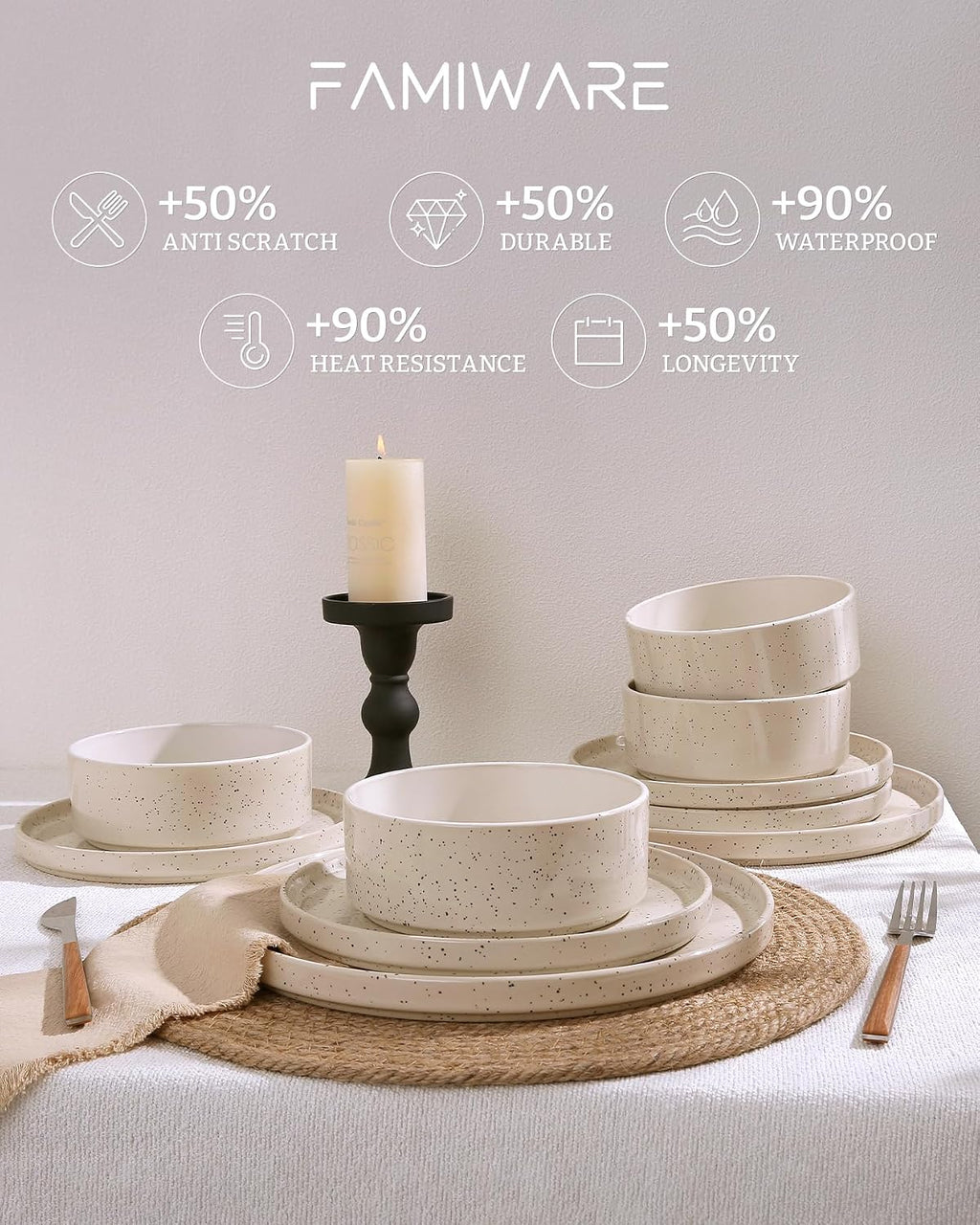 Famiware Nebula Plates and Bowls Set, 24 Pieces Dinnerware Sets, Dishes Set for 8, Creamy White with Colorful Speckles