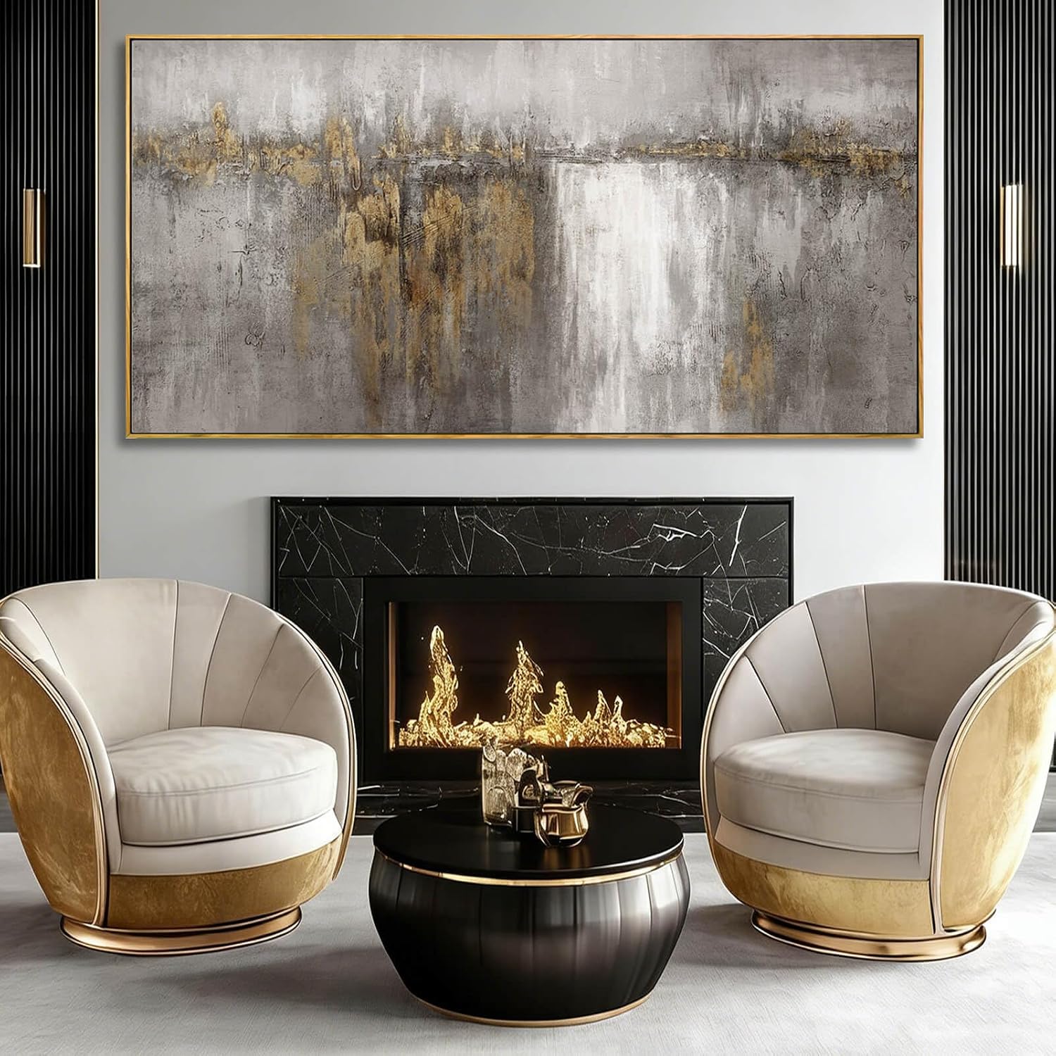 Abstract Hanging Art Grey and Gold Poster Print Neutral Decorative Pictures 36'x70' Poster for Bedroom Artwork for Office