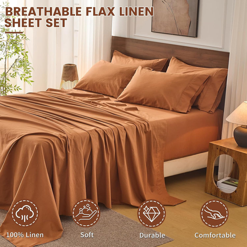 Bedlifes 100% French Flax Linen Sheets Set Queen Size - 6 Piece Extra Deep Pocket 18-24',Soft Breathable Queen Bed Sheets with Temperature Regulating & Moisture-Wicking(Brown