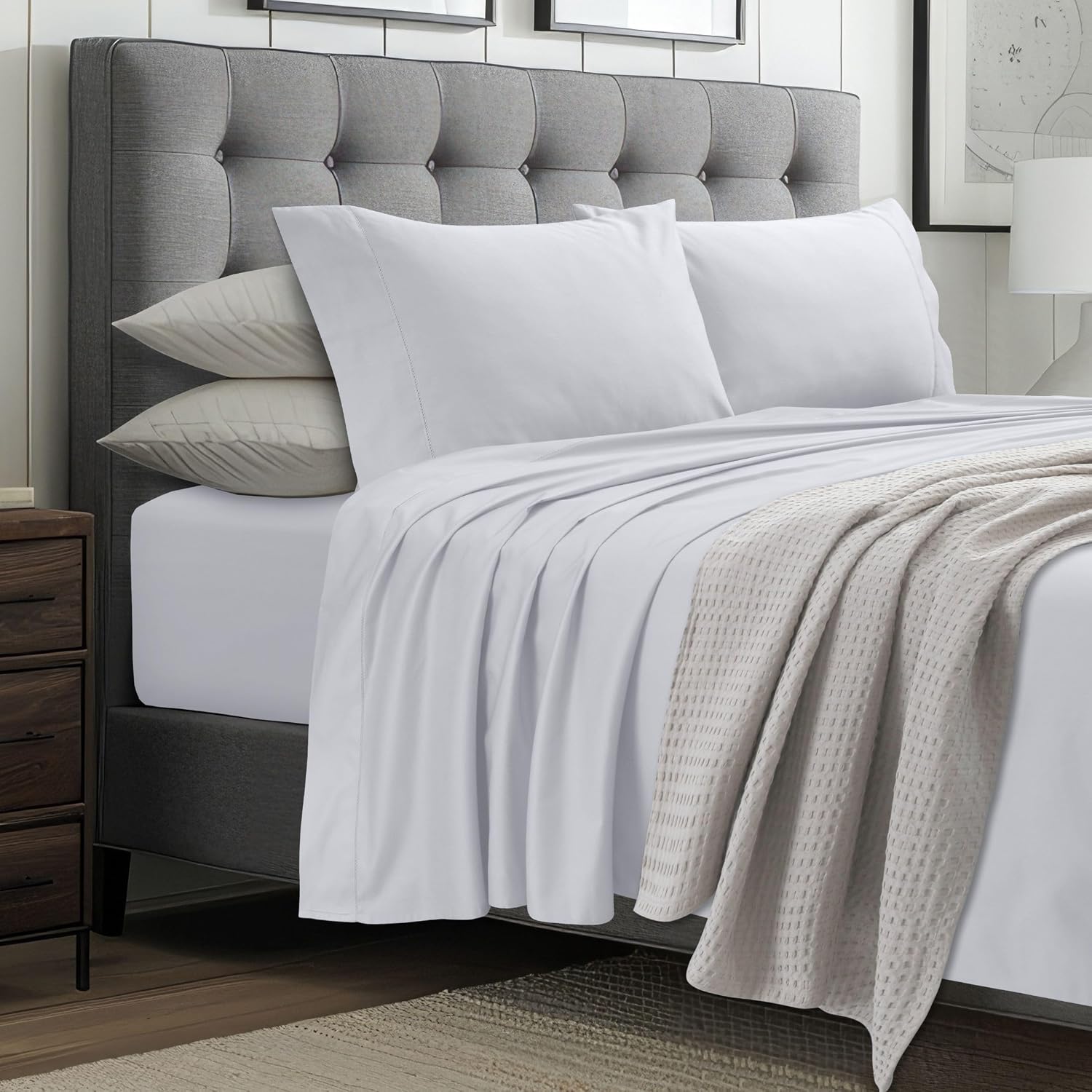 Tribeca Living 1000 Thread Count Egyptian Cotton Sheets Queen Size, Luxurious and Ultra Soft Sateen Weave, 22' Extra Deep Pocket 4-Piece Bed Sheet Set, White (Pack of 2)