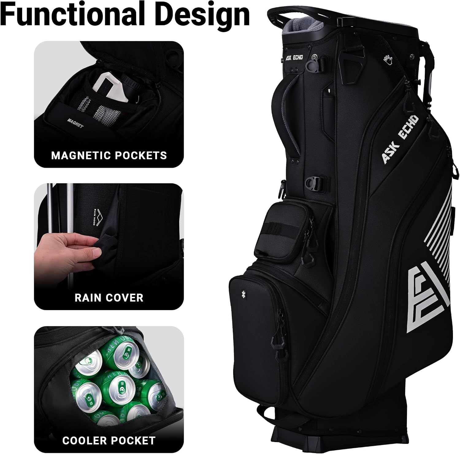 ASK ECHO Golf ST-14 Hybrid Stand Bag with 14 Way Full Length Dividers & Quick Putter Clip