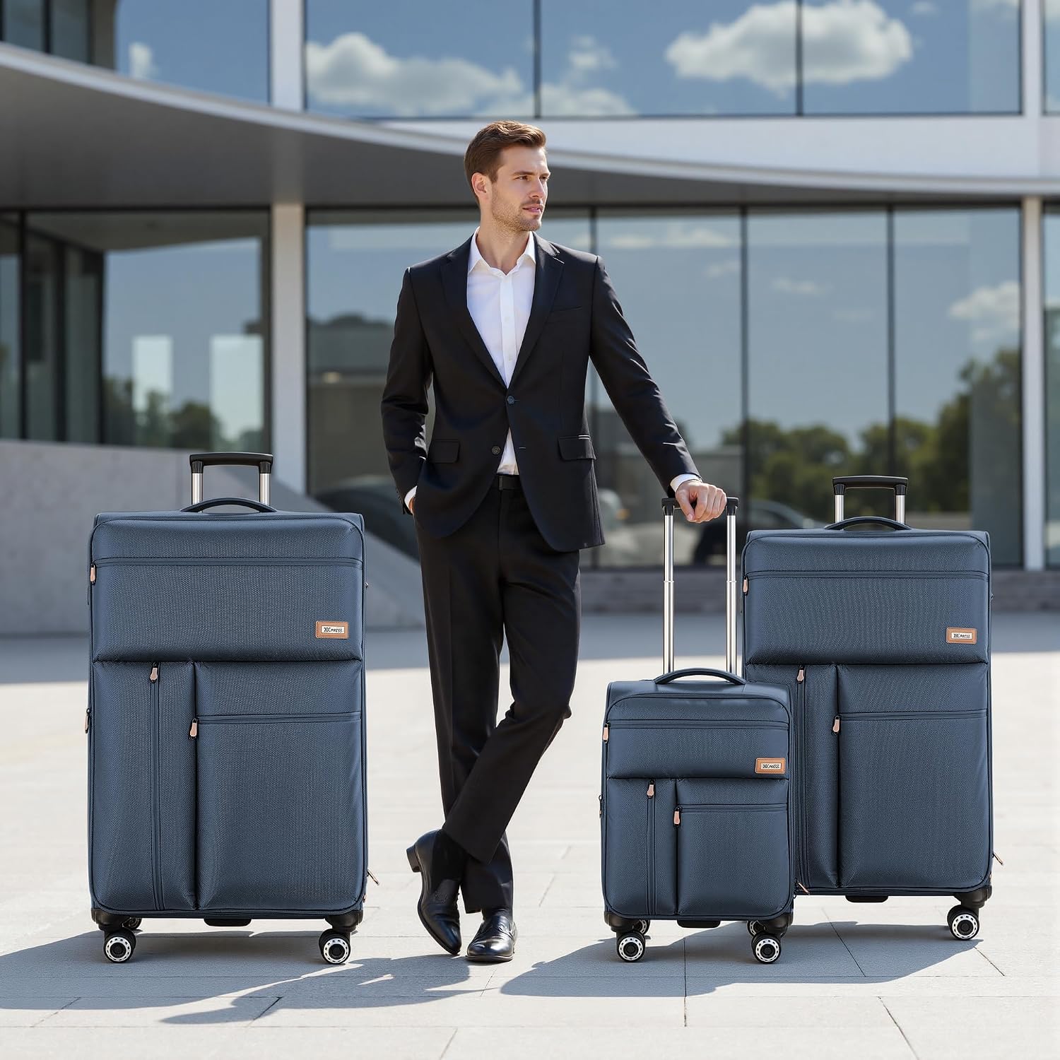 3-Piece Luggage Set (20/26/30 Inch)-Expandable 20% Luggage Set with Front Open Pocket,Lightweight Durable Soft Suitcase Sets w/Double Spinner Wheels &TSA LOCK,Navy
