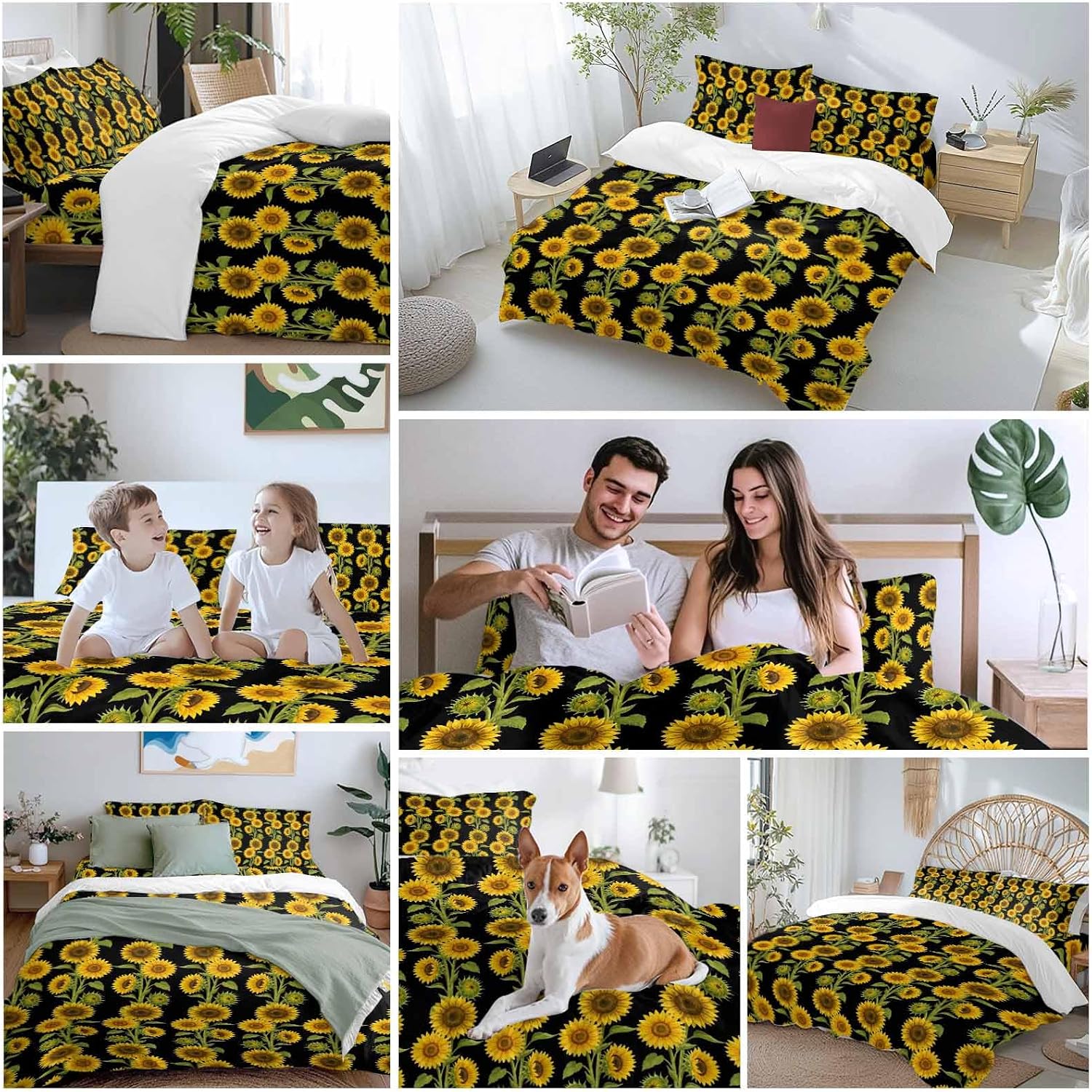Prime Leader Retro Sunflowers Duvet Cover Set Queen Size 4 Pieces Summer Yellow Floral Black Background Bedding Set with Zipper Closure, 1 Comforter Cover 86x86 Inches 1 Flat Sheet & 2 Pillow Cases