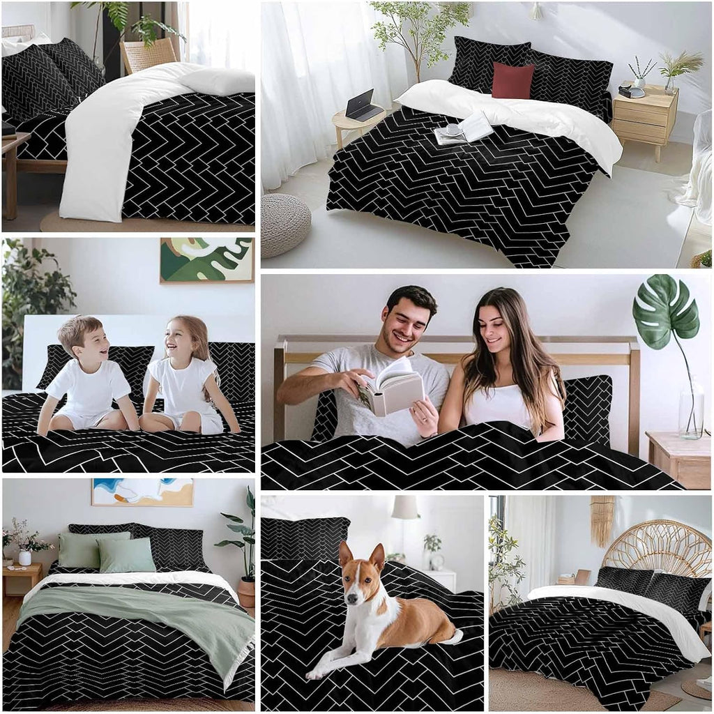 Prime Leader Abstract Line Duvet Cover Set Queen Size 4 Pieces Herringbone Black White Modern Simple Bedding Set with Zipper Closure, 1 Comforter Cover 90x92 Inches 1 Flat Sheet & 2 Pillow Cases