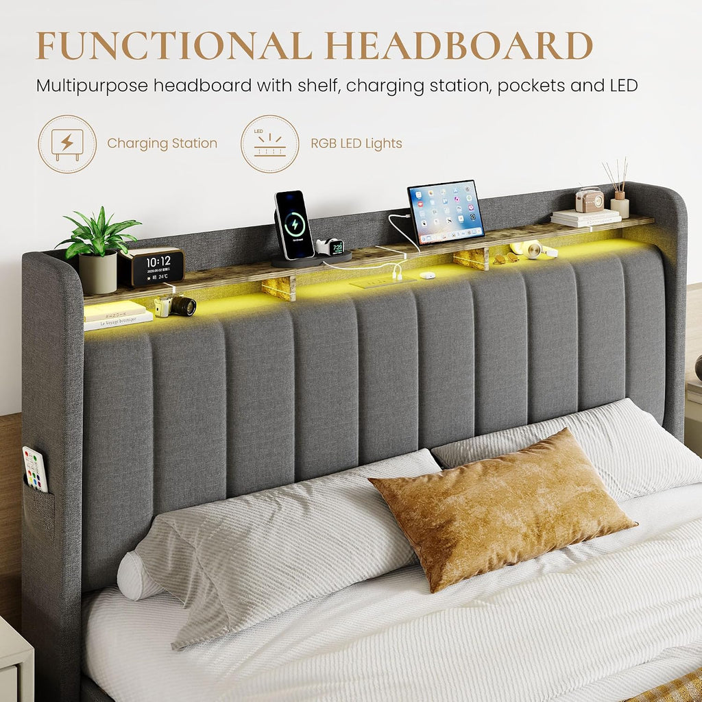 SHA CERLIN King Size Platform Bed Frame with Vertical Channel Tufted Wingback Headboard & 2 Storage Drawers/2-Tier Shelves with LED Lights & Charging Station/Noise-Free/No Box Spring Needed/Dark Grey