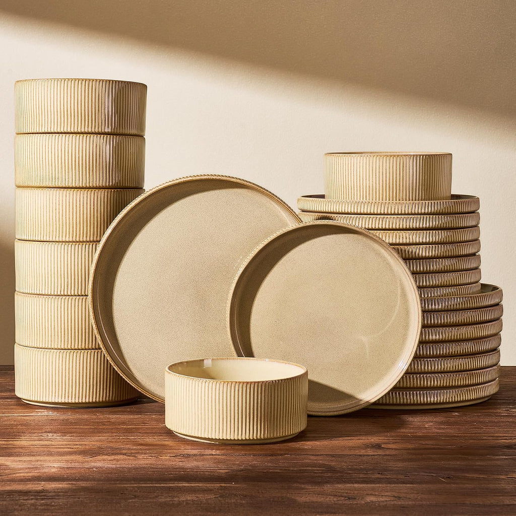 24-Piece Dinnerware Set Service for 8, Famiware Premium Stoneware Dish Set with Ribbed Plates and Deep Bowls, Double Reactive Glaze, Chip & Scratch Resistant, Microwave & Dishwasher Safe, Cream