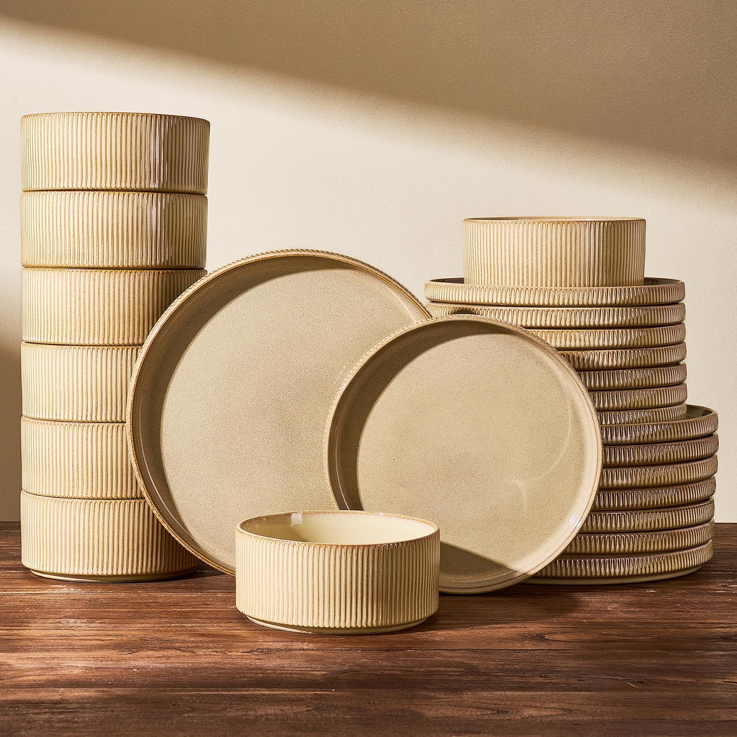 24-Piece Dinnerware Set Service for 8, Famiware Premium Stoneware Dish Set with Ribbed Plates and Deep Bowls, Double Reactive Glaze, Chip & Scratch Resistant, Microwave & Dishwasher Safe, Cream