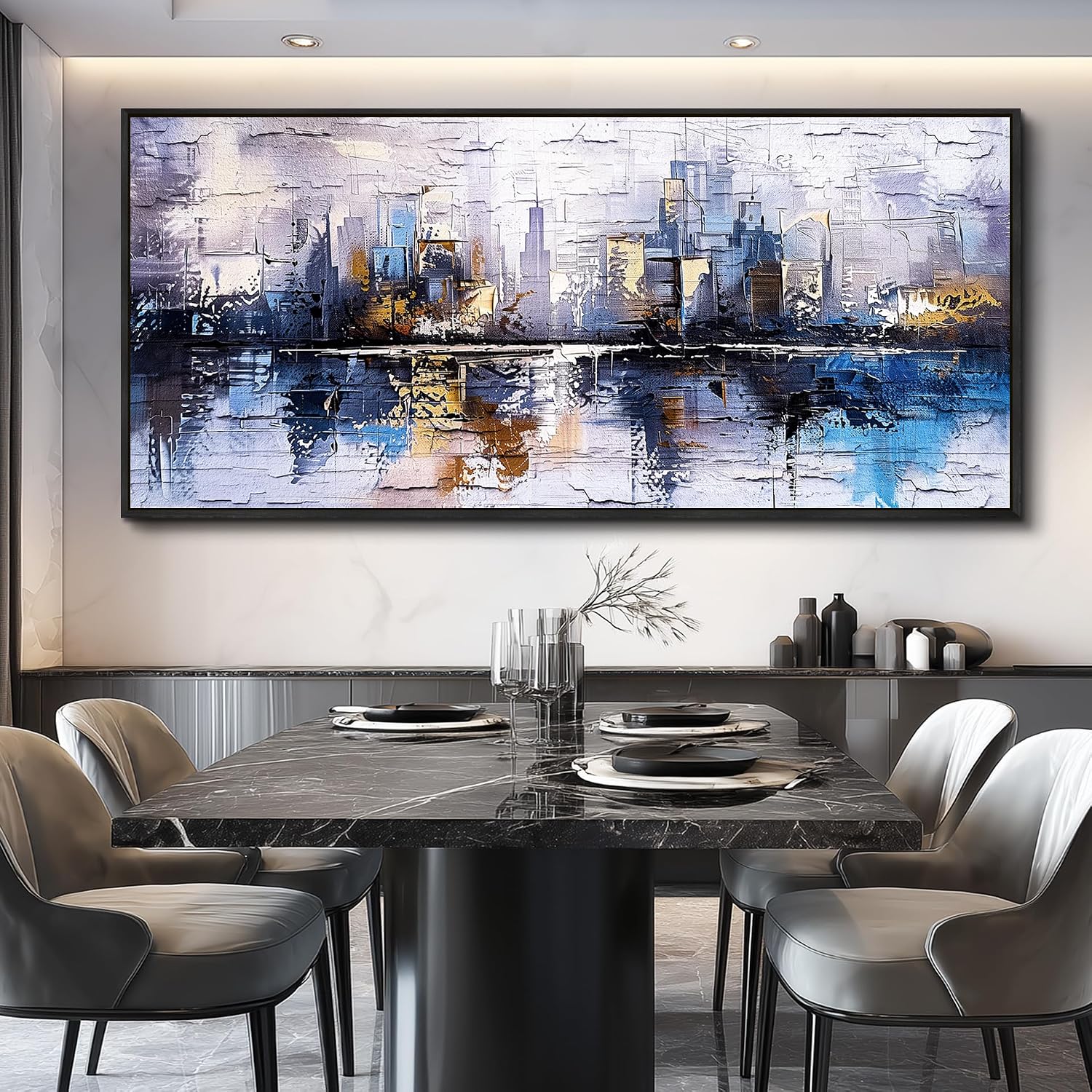 KELIYUAN Abstraction City Landscape Paintings Room Dining Room Canvas Wall Art For Living Room Bedroom Wall Decor Modern Home Decoration Office Pictures Hallway Mural Decoration 32'X72' Black Frame