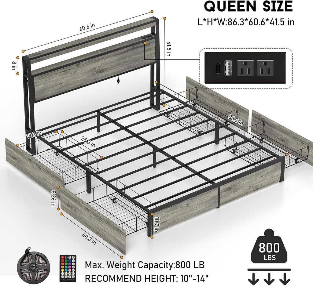 Fabulis Queen Size Bed Frame with 4 Storage Drawers and Headboard with Charging Station and LED Lights,2 Tier Solid Wood Headboard Storage/Noise Free/No Box Spring Needed/Remote Control/Rustic Grey