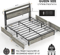 Fabulis Queen Size Bed Frame with 4 Storage Drawers and Headboard with Charging Station and LED Lights,2 Tier Solid Wood Headboard Storage/Noise Free/No Box Spring Needed/Remote Control/Rustic Grey