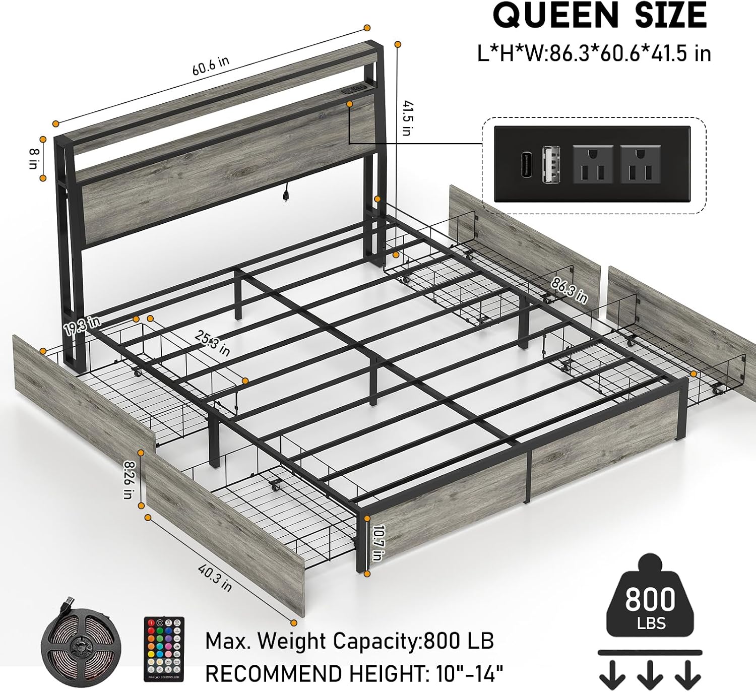 Fabulis Queen Size Bed Frame with 4 Storage Drawers and Headboard with Charging Station and LED Lights,2 Tier Solid Wood Headboard Storage/Noise Free/No Box Spring Needed/Remote Control/Rustic Grey