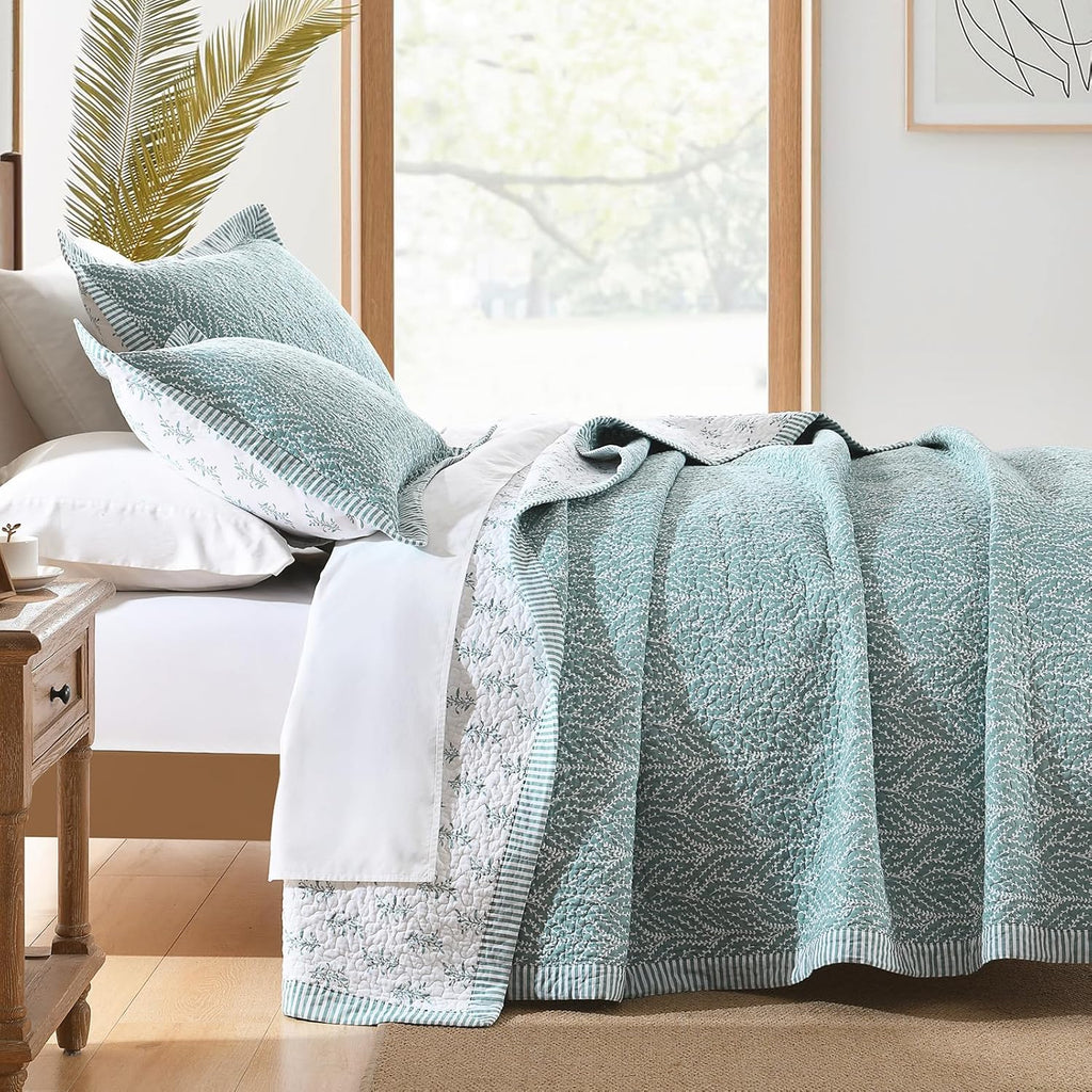 SahSahCasa Quilt Set King Size, 100% Cotton Quilt Bedding Set Bedspread, Botanical Pattern Solid Color Chic Lightweight Quilted Comforter for King Bed, White/Teal, All Season, 3 Pieces