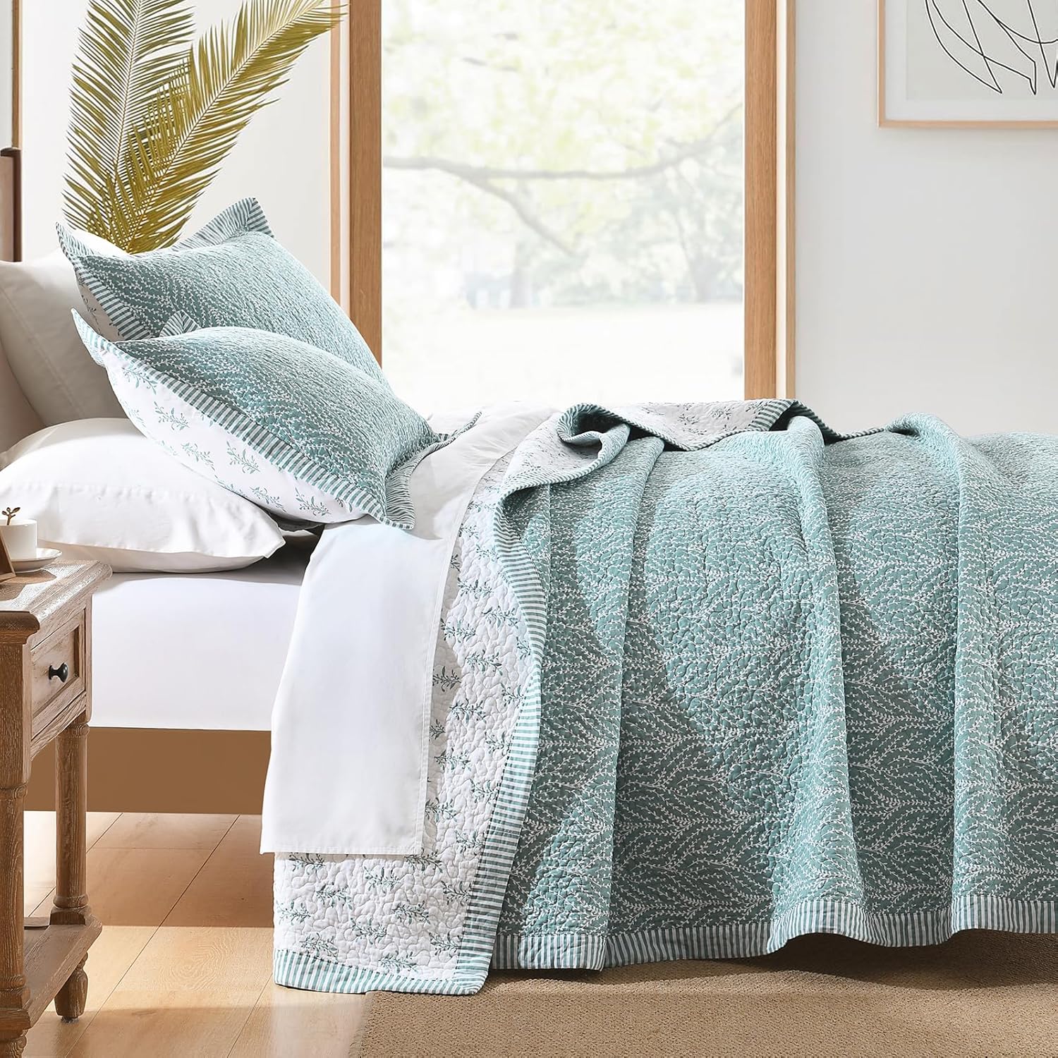 SahSahCasa Quilt Set King Size, 100% Cotton Quilt Bedding Set Bedspread, Botanical Pattern Solid Color Chic Lightweight Quilted Comforter for King Bed, White/Teal, All Season, 3 Pieces