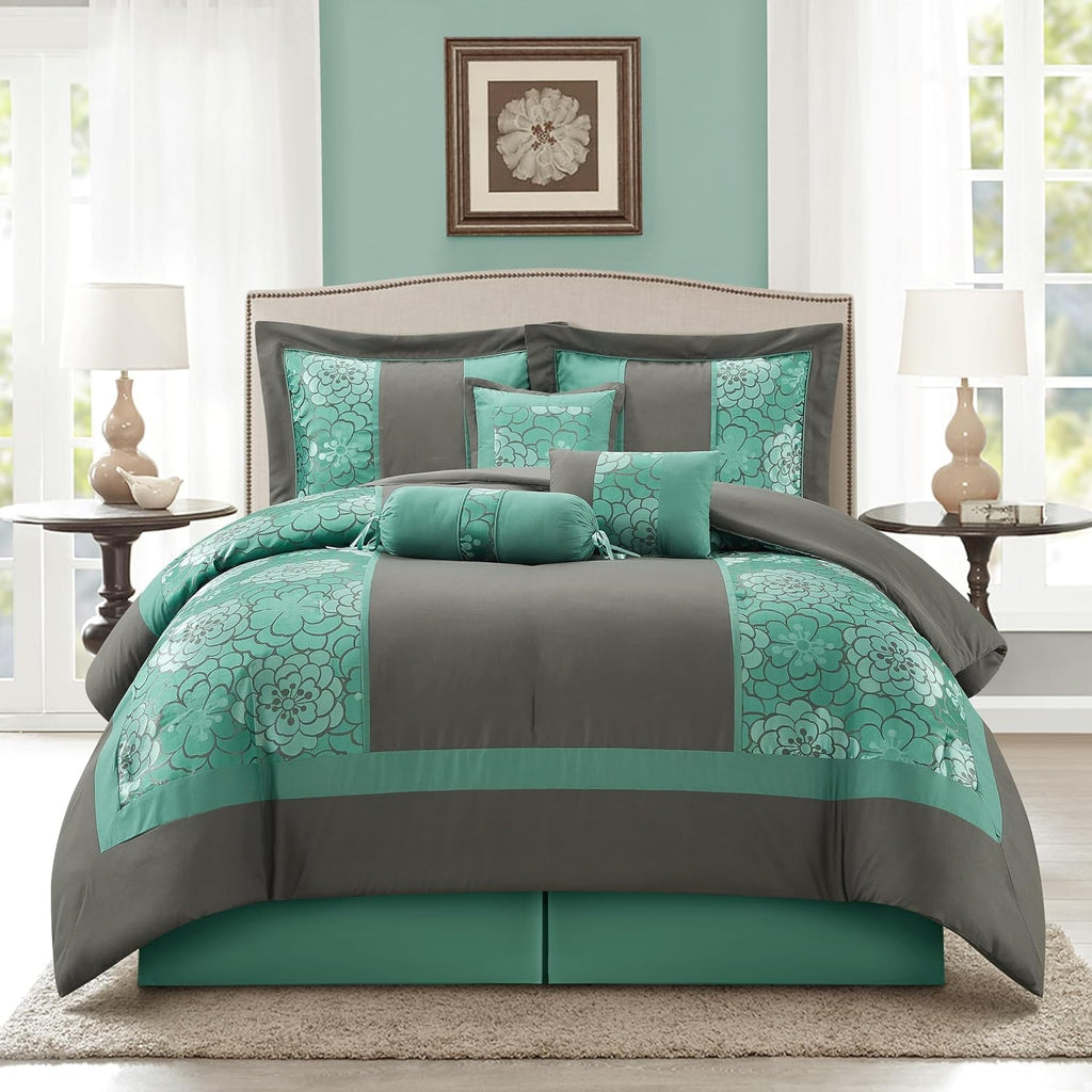 Grand Avenue Aqua Grey Comforter Set Queen Size, 7 Piece Jacquard Soft Bedding Set, All Season, Bedskirt, Pillows & Shams