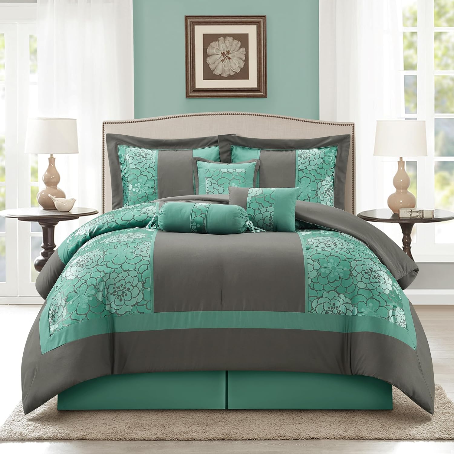 Grand Avenue Aqua Grey Comforter Set Queen Size, 7 Piece Jacquard Soft Bedding Set, All Season, Bedskirt, Pillows & Shams