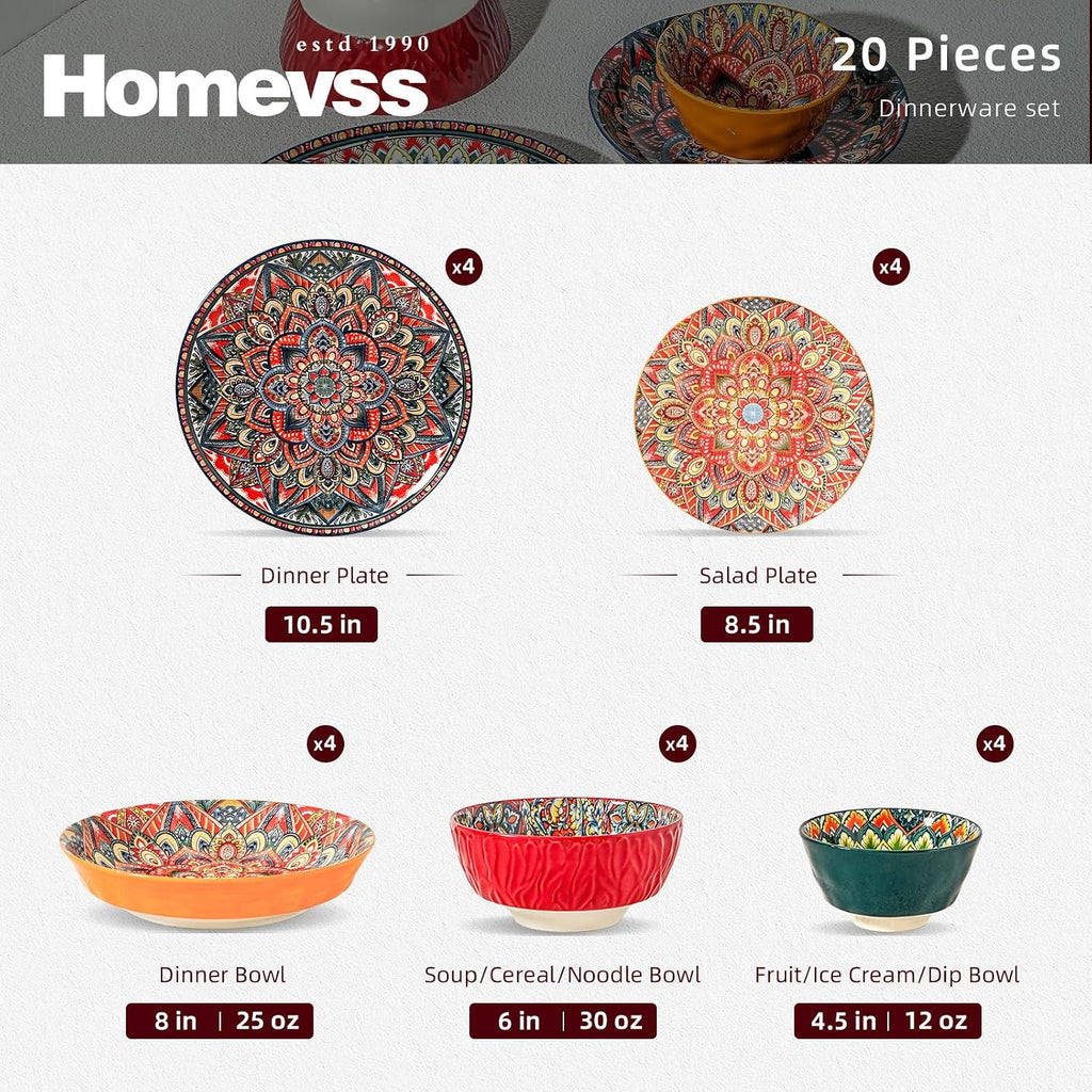 Homevss Boho 20 Pieces Dinnerware Sets, Plates and Bowls Set, Dishes Set for 4, Microwave and Dishwasher Safe, Scratch Resistant, Bohemian Style Dining Ware, Mixed Blue, Green, Orange and Red