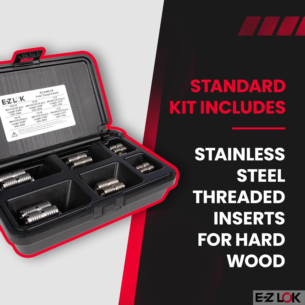 E-Z LOK Knife Threaded Insert for Hard Wood Assortment Kit with Drill and Drive Tool, Stainless Steel Thread Inserts 6-32 to 3/8-16, 60 Pieces
