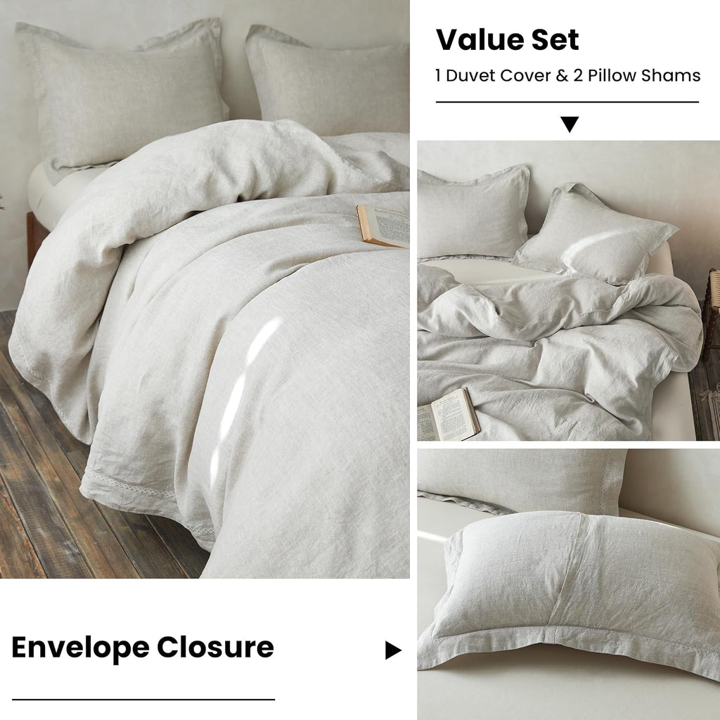 Simple&Opulence 100% Linen Duvet Cover Set with Crossed Embroidery Washed - 3 Pieces (1 Duvet Cover with 2 Pillow Shams) Soft Breathable Farmhouse - Linen, King Size