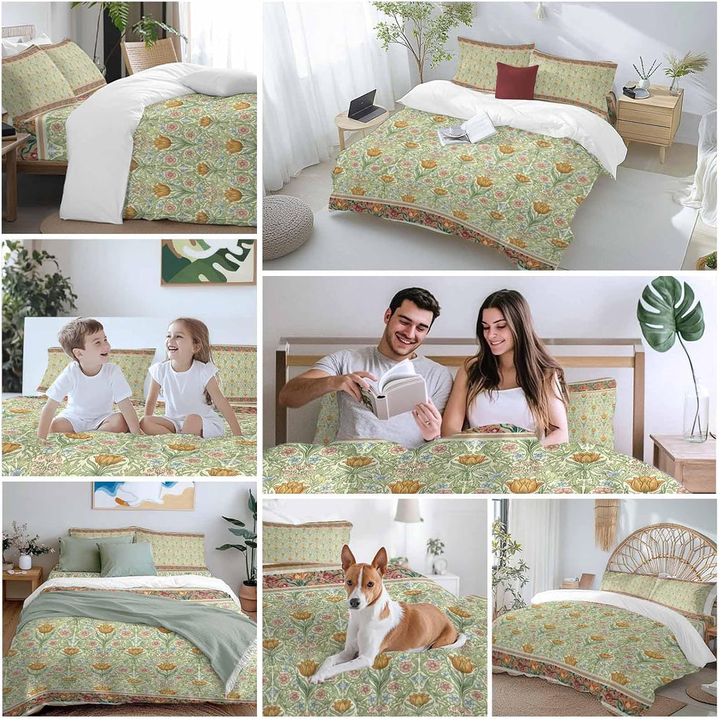 Prime Leader Flowers Duvet Cover Set Queen Size 4 Pieces Ethnic Abstract Yellow Pink Floral Green Leaf Bedding Set with Zipper Closure, 1 Comforter Cover 90x92 Inches 1 Flat Sheet & 2 Pillow Cases