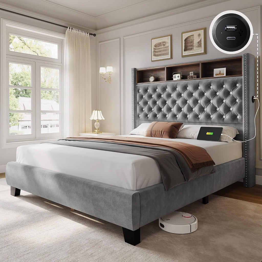 YITAHOME Queen Size Bed Frame with 58' Tall Headboard, Storage Headboard Bed with USB Charging Stations, Type-C Port, Velvet Upholstered Beds with Deep Button Tufted, No Box Spring Needed, Grey