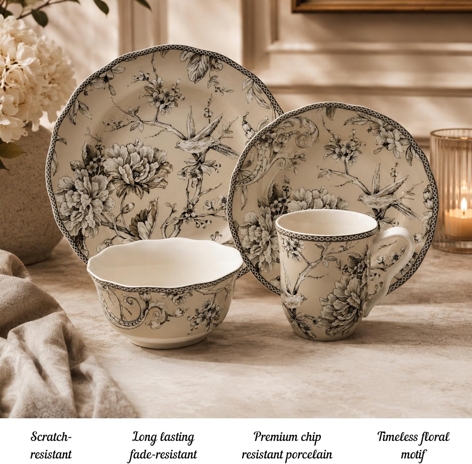 222 Fifth Adelaide 16-Piece Traditional Antique White Porcelain Dinnerware Set – Service for 4, Romantic Bird & Floral Design, Everyday Big Dinner Plates and Bowls Sets, Microwave & Dishwasher Safe