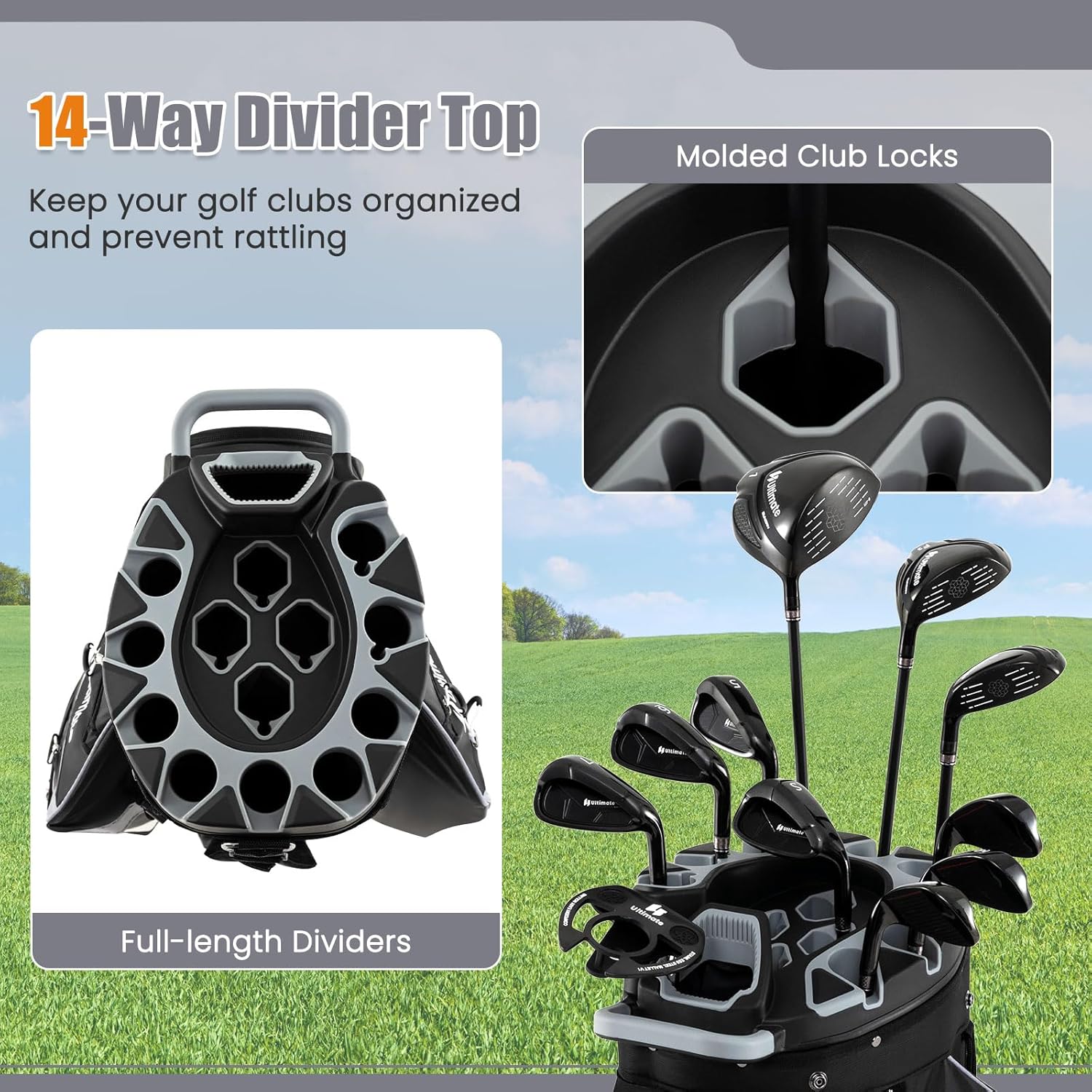 ULTIMATE 14-Way Golf Cart Bag, Golf Bag w/Molded Lock Top & Full Length Dividers, Portable Golf Club Bag w/11 Pockets, Cooler Bag, Padded Strap & Rain Hood for Men Women