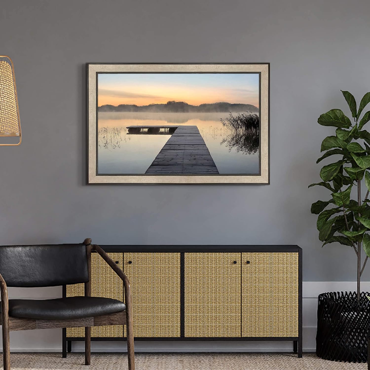Lake Bedroom Wall Art Canvas: Framed Relaxing Large Home Office Sunrise Nature Landscape Pier Picture Decor Modern Living Room Dock Scene Painting Print Horizontal Foggy Mountain Forest Artwork