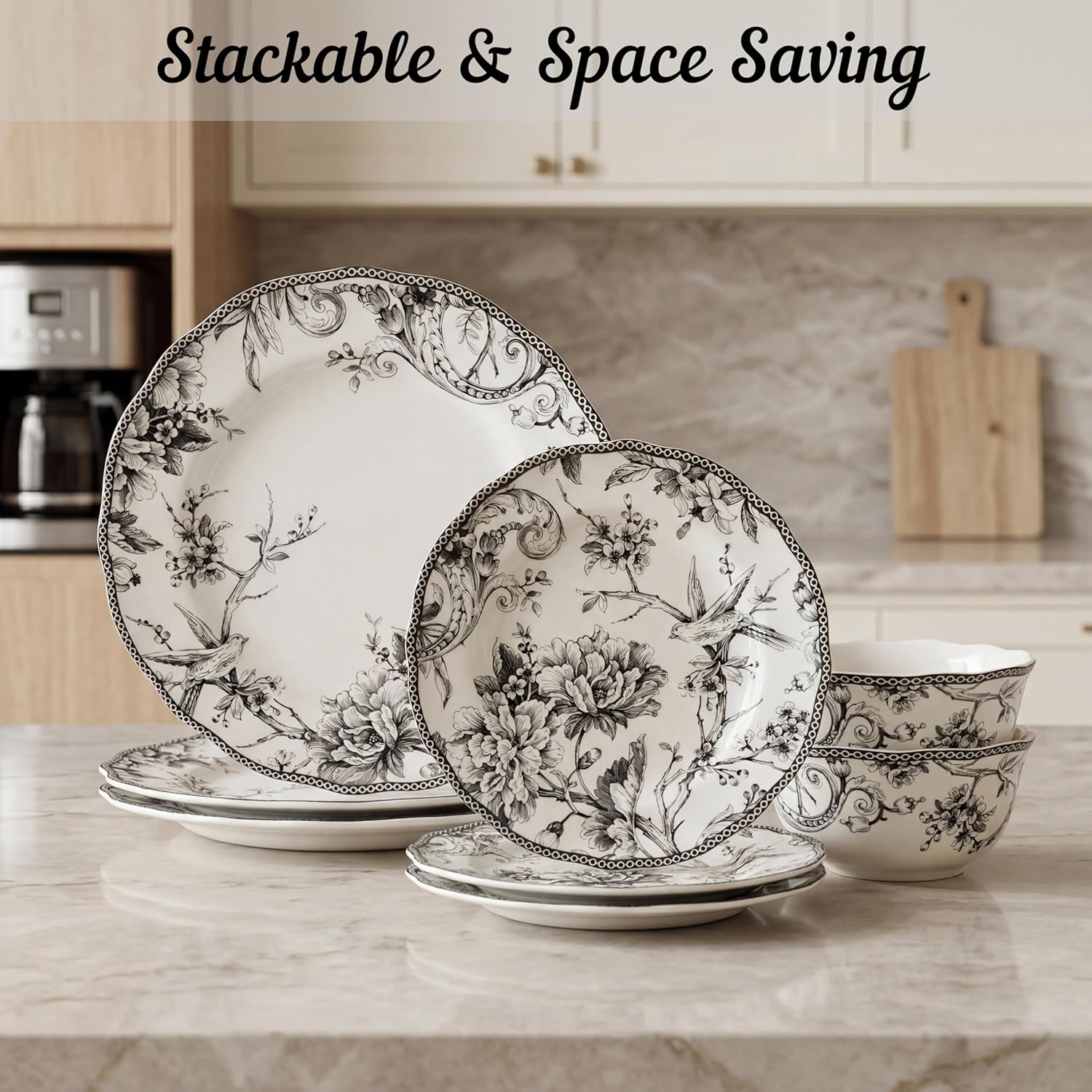 222 Fifth Adelaide 16-Piece Black Porcelain Dinnerware Set – Service for 4, Featuring Hand-Applied Romantic Woodland Bird Design, Everyday Big Dinner Plates and Bowls Sets, Microwave & Dishwasher Safe