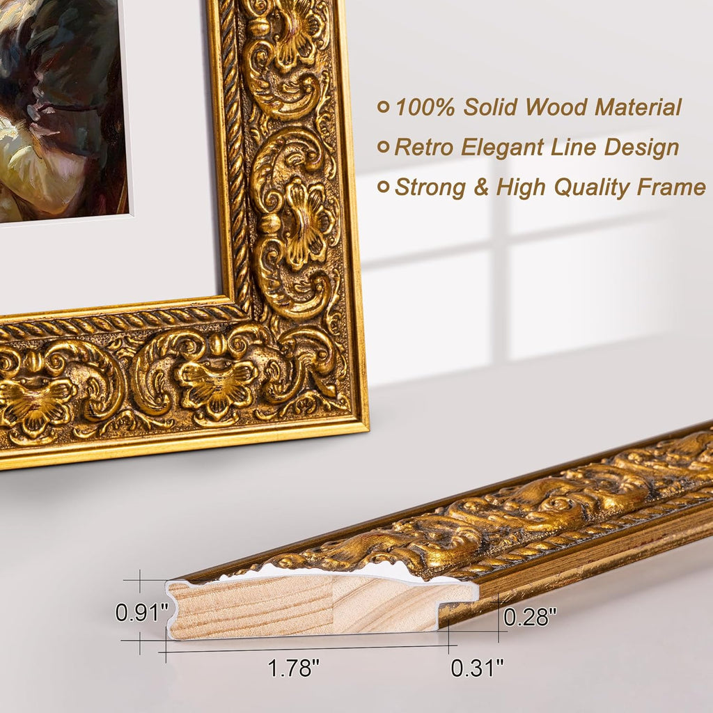 ArtXO 16x20 Picture Frame Wooden, Display Pictures 11x14 with Mat or 16x20 Without Mat, Wall Hanging Photo Frame, Vintage Poster Frame Gold