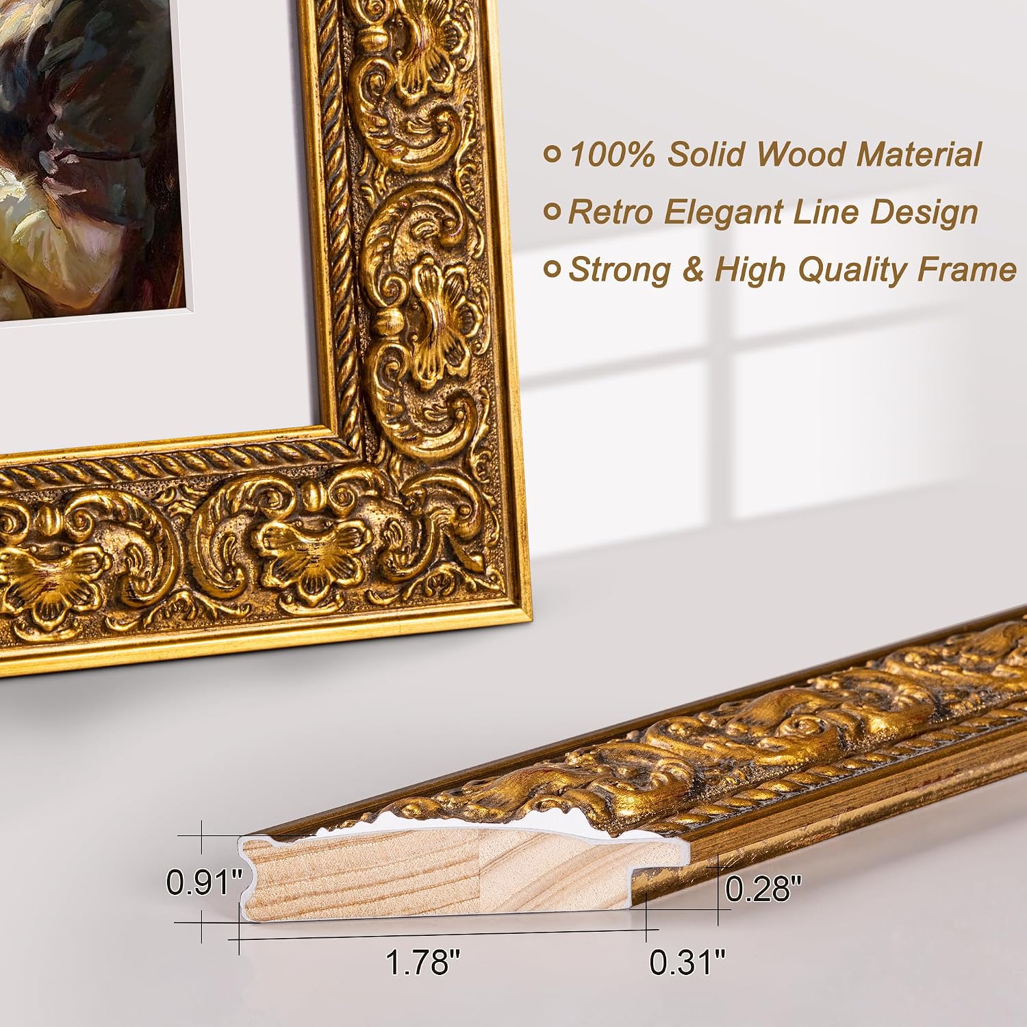 ArtXO 18x24 Picture Frame Gold, Display Pictures 16x20 with Mat or 18x24 Without Mat, Wall Hanging Photo Frame, Vintage Poster Frame Wooden
