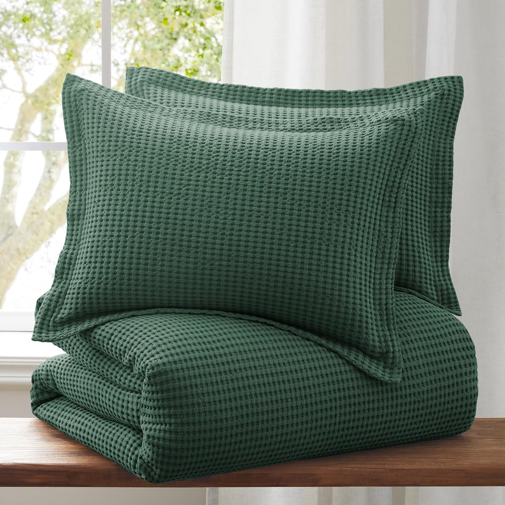 Levtex Home Mills Waffle King Duvet Cover Set (106x94in) with 2 Pillow Shams (36x20in) - Forest Green - Cotton King Size Duvet Cover Set - Soft, Pre-Washed