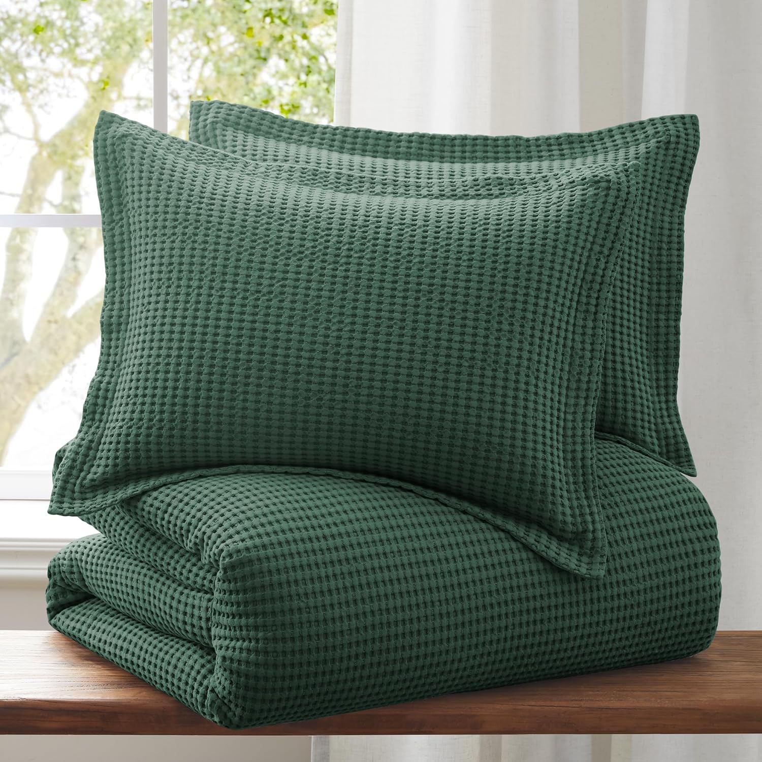 Levtex Home Mills Waffle King Duvet Cover Set (106x94in) with 2 Pillow Shams (36x20in) - Forest Green - Cotton King Size Duvet Cover Set - Soft, Pre-Washed