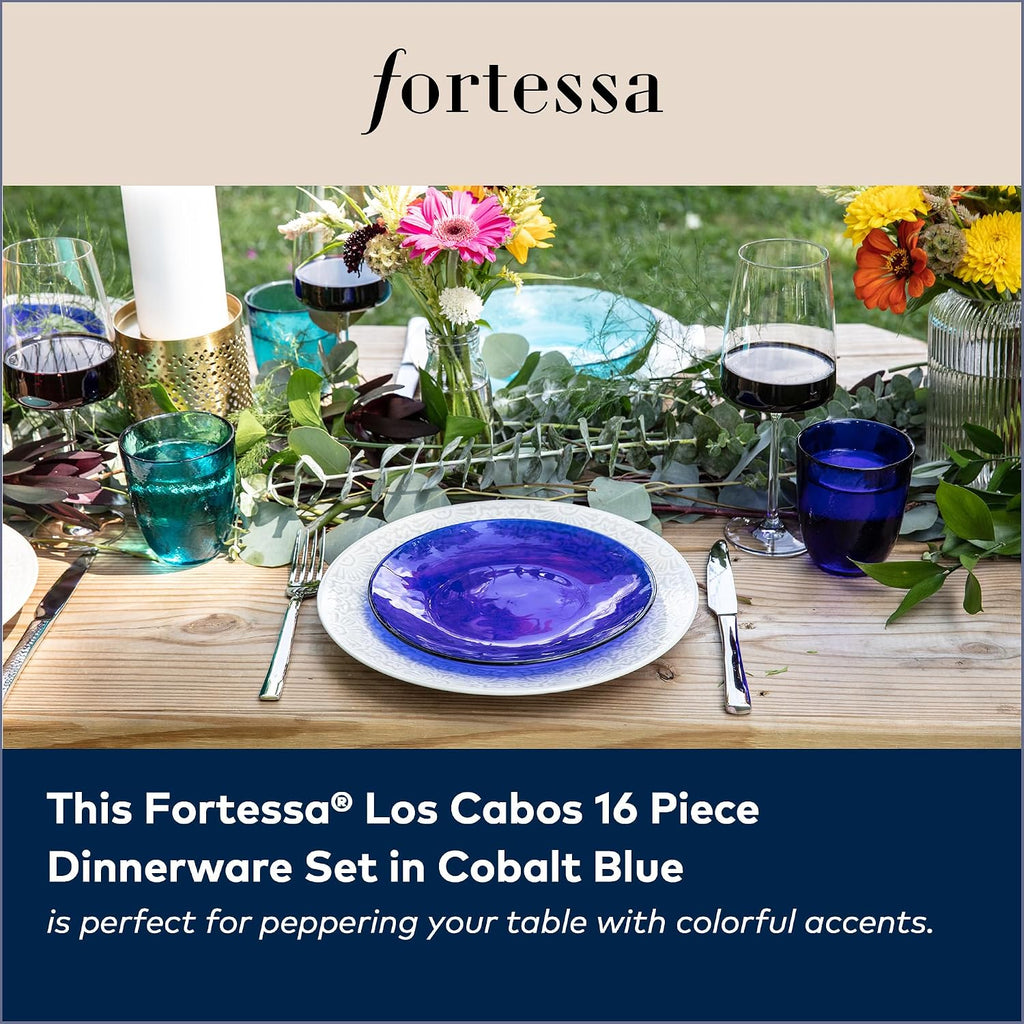 FORTESSA Los Cabos Tableware, 16-Piece Glass Dinnerware Set with 4 Dinner Plates, 4 Salad Plates, 4 Coupe Bowls and 4 Cereal Bowls, Dishwasher-Safe Glass Plate Set, Cobalt Blue