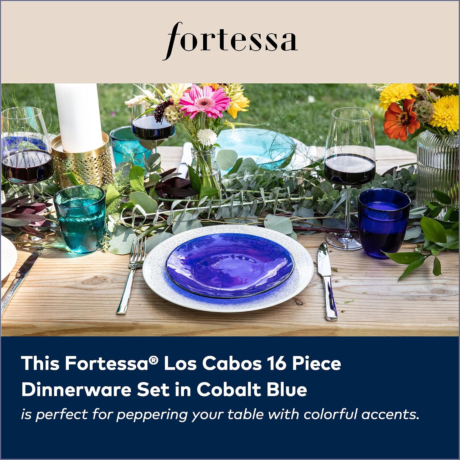 FORTESSA Los Cabos Tableware, 16-Piece Glass Dinnerware Set with 4 Dinner Plates, 4 Salad Plates, 4 Coupe Bowls and 4 Cereal Bowls, Dishwasher-Safe Glass Plate Set, Cobalt Blue