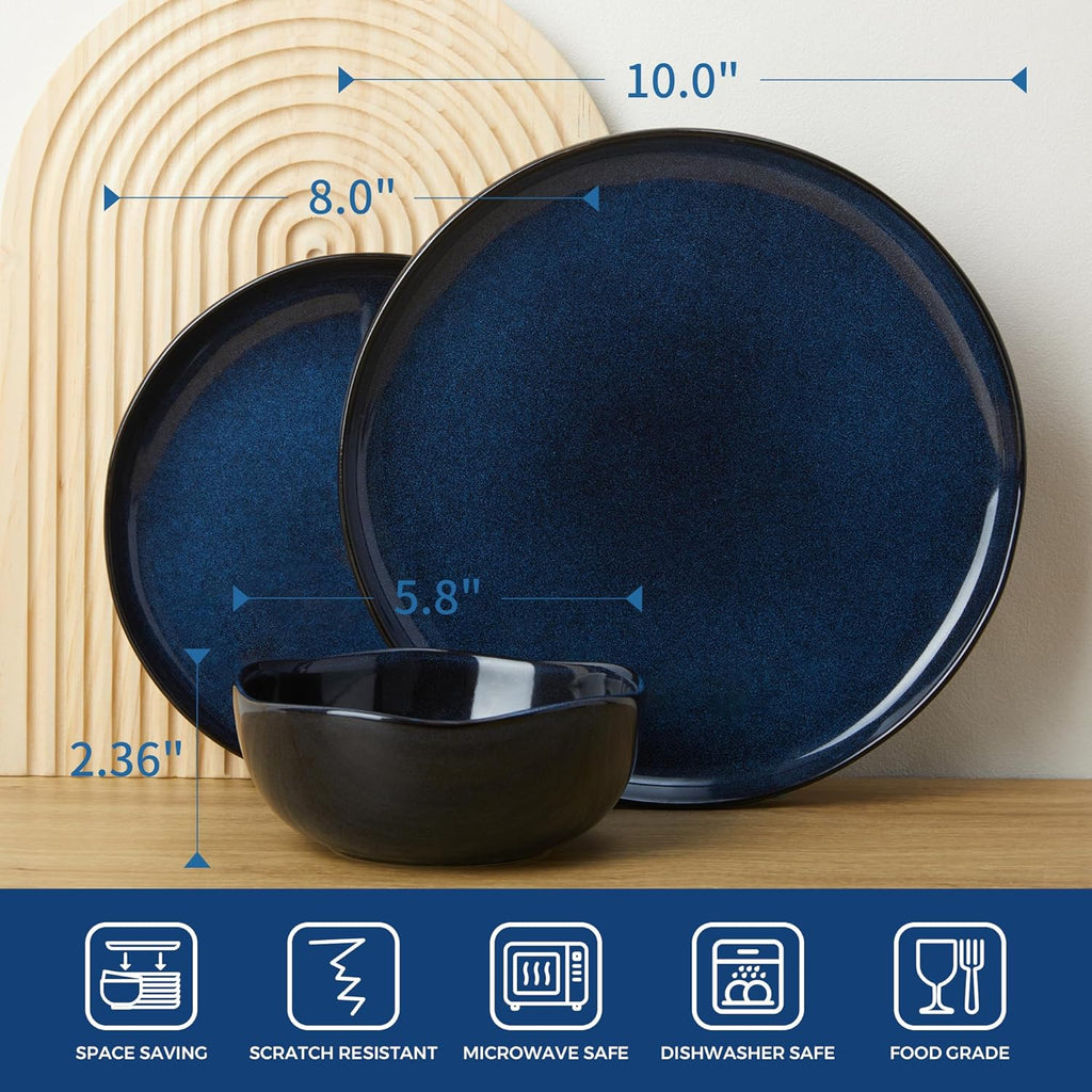 Pokini 24 Piece Ceramic Dinnerware Sets for 8, Starry Blue Reactive Glaze | Unique Coastal Edge for Holiday Gatherings, Thanksgiving, Dinner Parties | Microwave & Dishwasher Safe Stoneware Dish Set