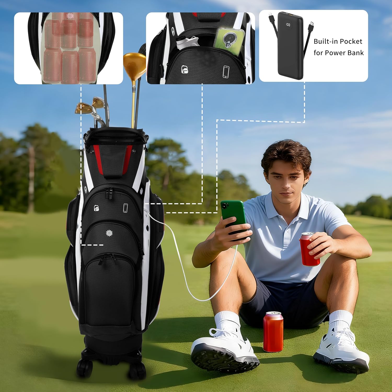 Golf Club Travel Bag with Wheels, Golf Cart and Travel Bag Retractable Cover,Golf Carry Bag for Men and Women, Multiple Storage Pockets, Shoe Compartment, Golf Cart Bag, 4 Colors to Choose from
