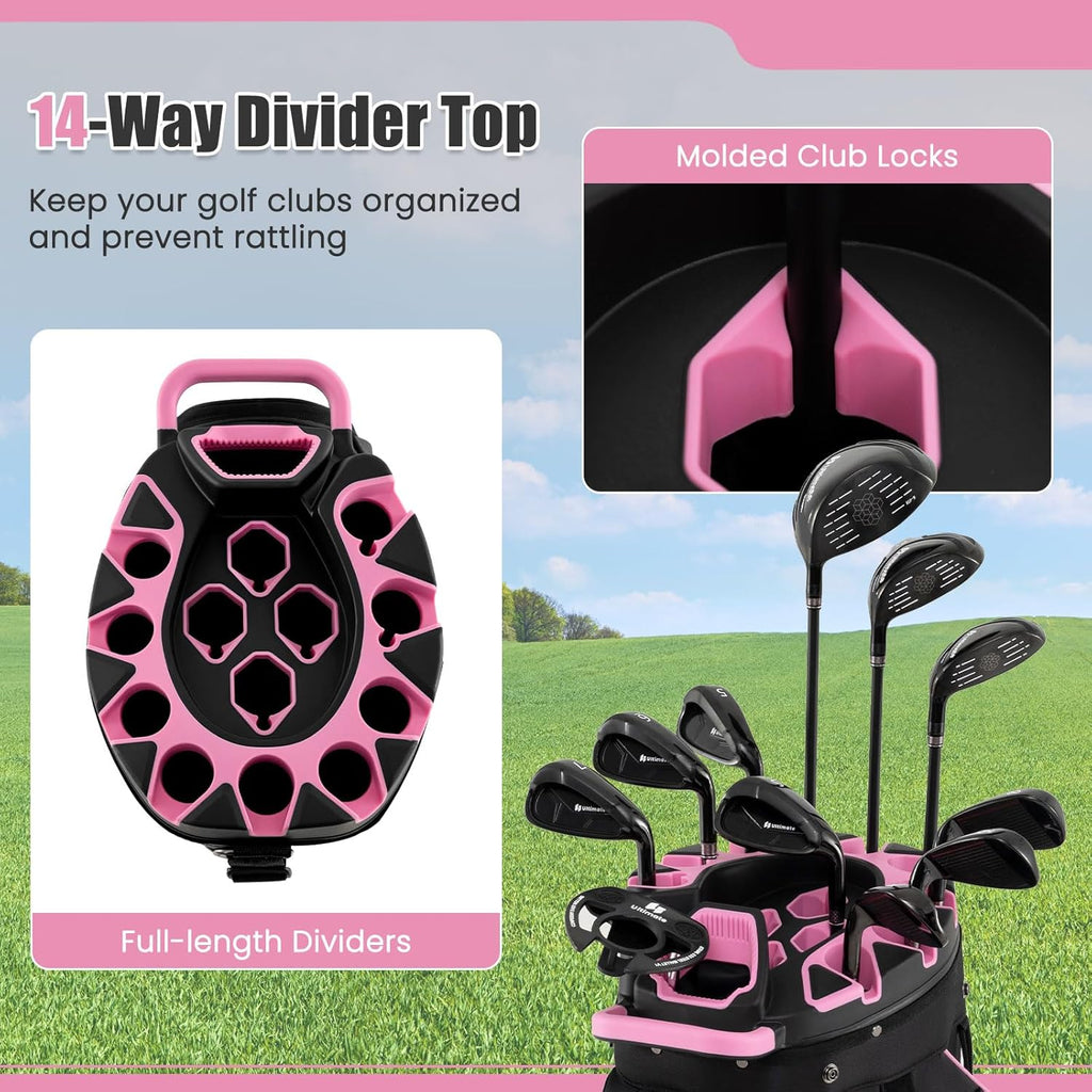 ULTIMATE 14-Way Golf Cart Bag, Golf Bag w/Molded Lock Top & Full Length Dividers, Portable Golf Club Bag w/11 Pockets, Cooler Bag, Padded Strap & Rain Hood for Men Women
