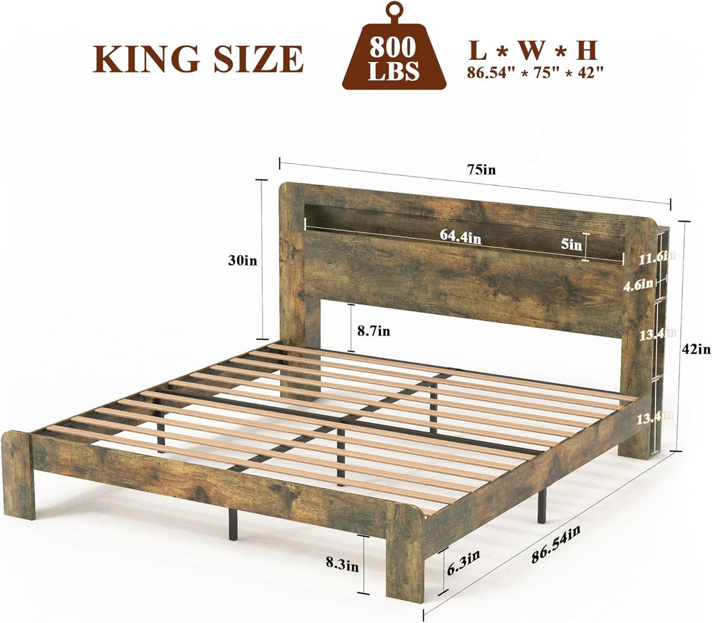 Bellemave Rustic Vintage King Size Bed Frame with Bookshelves,Storage Headboard and Charging Station,Wooden Platform Bed Frame King Size with LED Lights and Wood Slats,Easy Assembly,Dark Brown