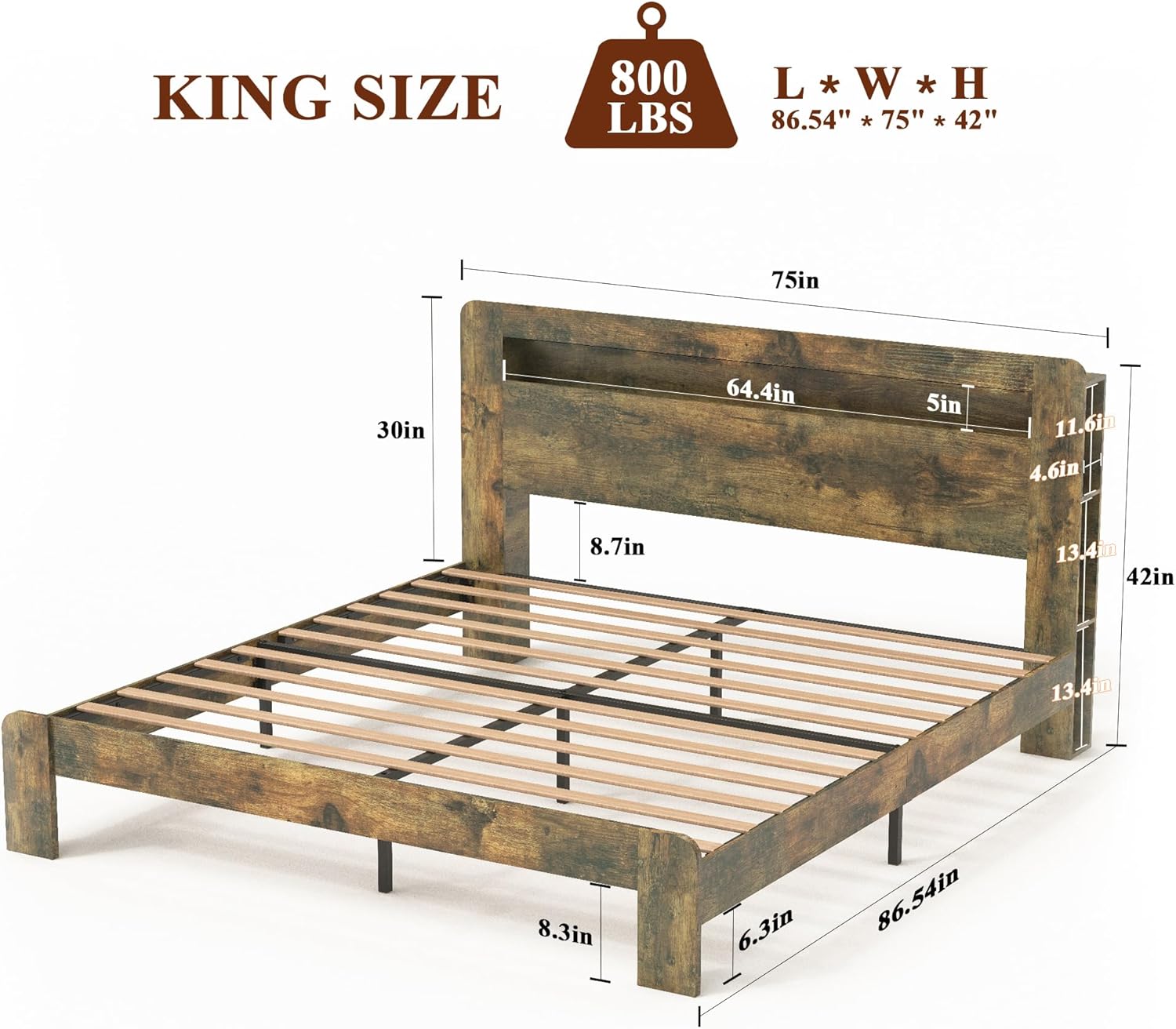 Bellemave Rustic Vintage King Size Bed Frame with Bookshelves,Storage Headboard and Charging Station,Wooden Platform Bed Frame King Size with LED Lights and Wood Slats,Easy Assembly,Dark Brown