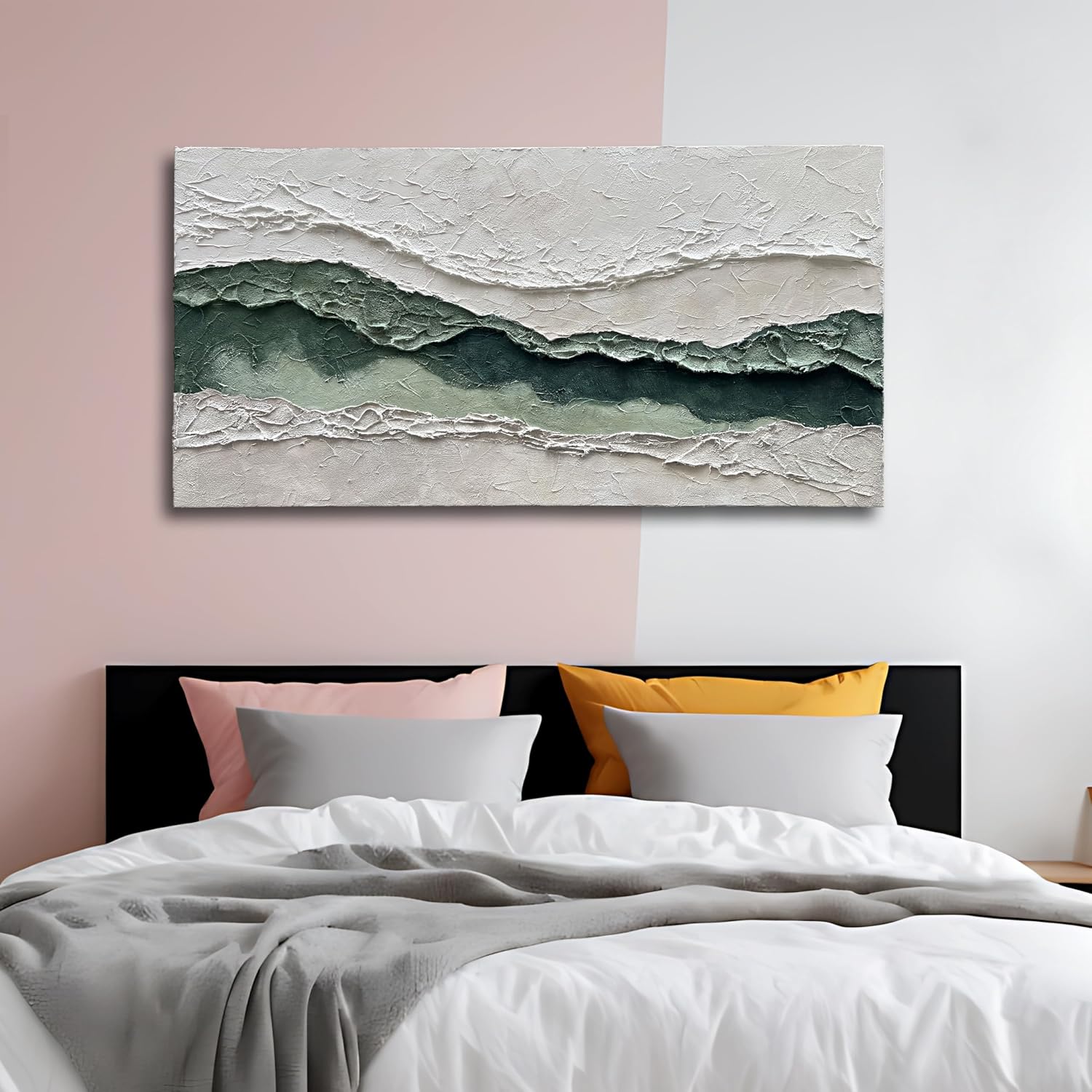 Art Hand-Painted White and Green Texture Abstract Oil Painting 24x48-inch Canvas Painting for Home and Office Wall Decoration Art