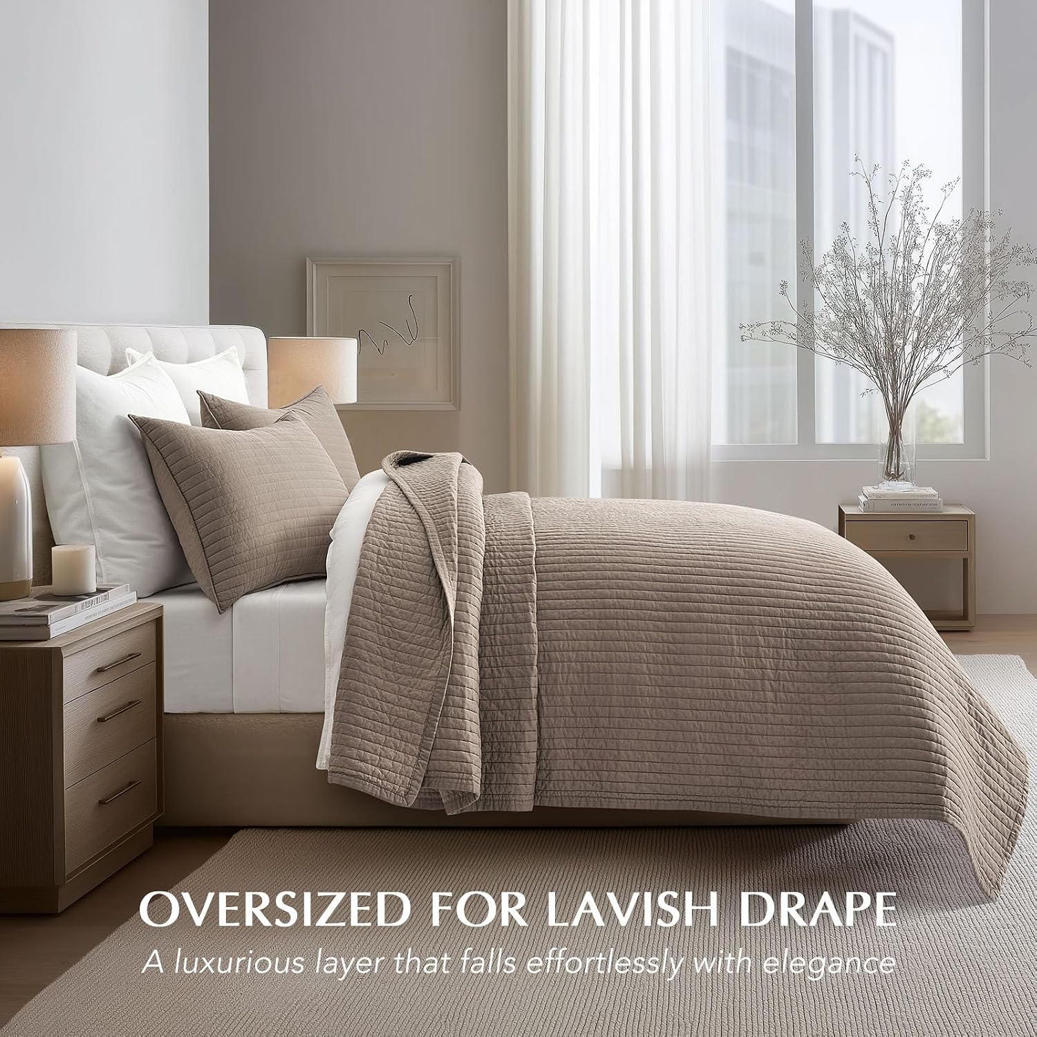EVERGRACEHOME Cotton Sateen Quilt Set King Size, Pre-Washed Cotton Channel Stitch Coverlet Bedspread, 3 Pieces Lightweight Soft Bedding Sets for All Season, with 2 Pillow Shams, Stone Taupe