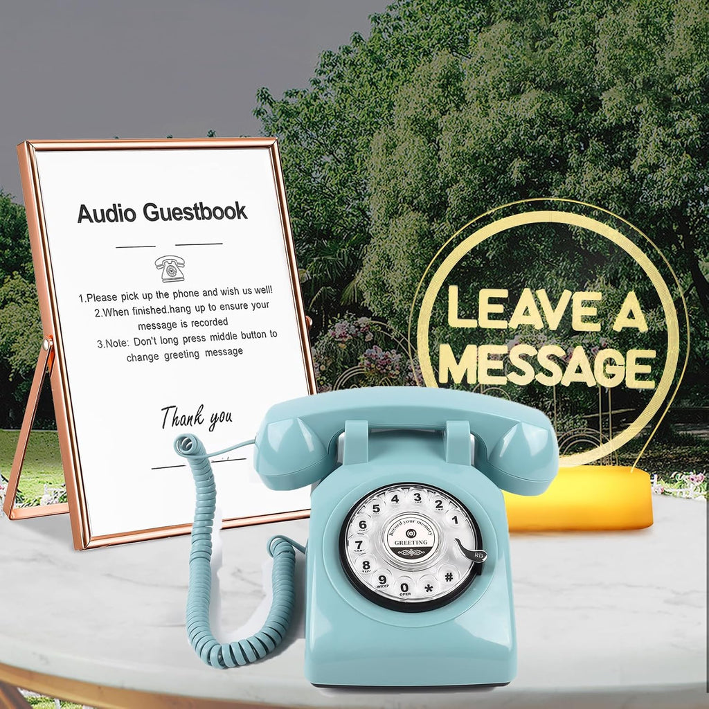 Premium Audio Guest Book Telephone with Free LED Wedding Sign and A5 Vertical Photo Frame | Vintage and Retro Style Audio Guestbook | Rotary Phone with Audio Record Voice Messages (Blue)