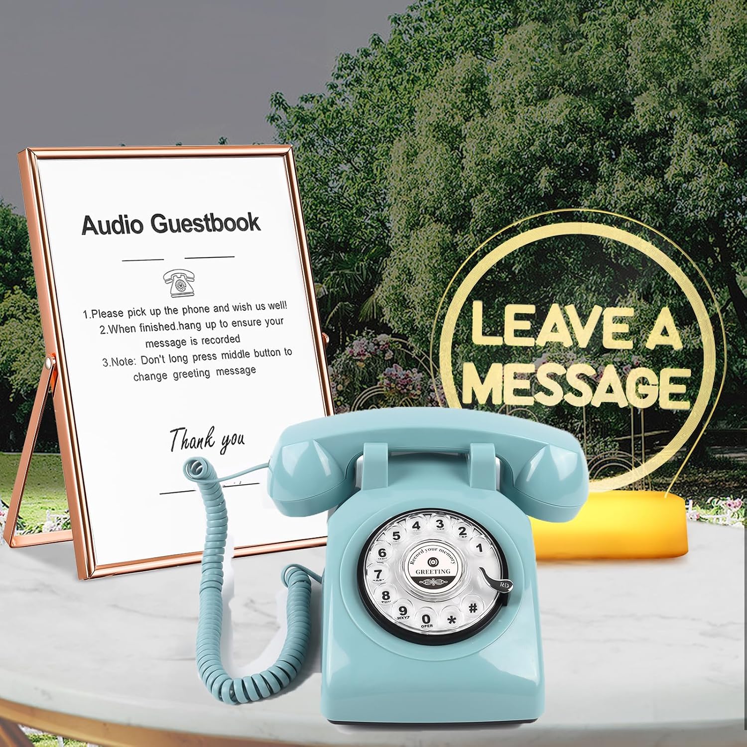 Premium Audio Guest Book Telephone with Free LED Wedding Sign and A5 Vertical Photo Frame | Vintage and Retro Style Audio Guestbook | Rotary Phone with Audio Record Voice Messages (Blue)